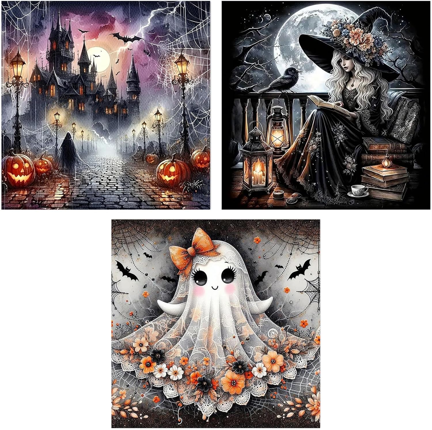 3 Pack Diamond Art Kits for Adults, Halloween Diamond Painting Kits for Adults, 5D DIY Round Drill Gem Art Paint With Diamonds Dots Crafts Kits for Home Decor Gift 14x14inch (Ghost Witch and Castle) Halloween 13.8 x 13.8 inches