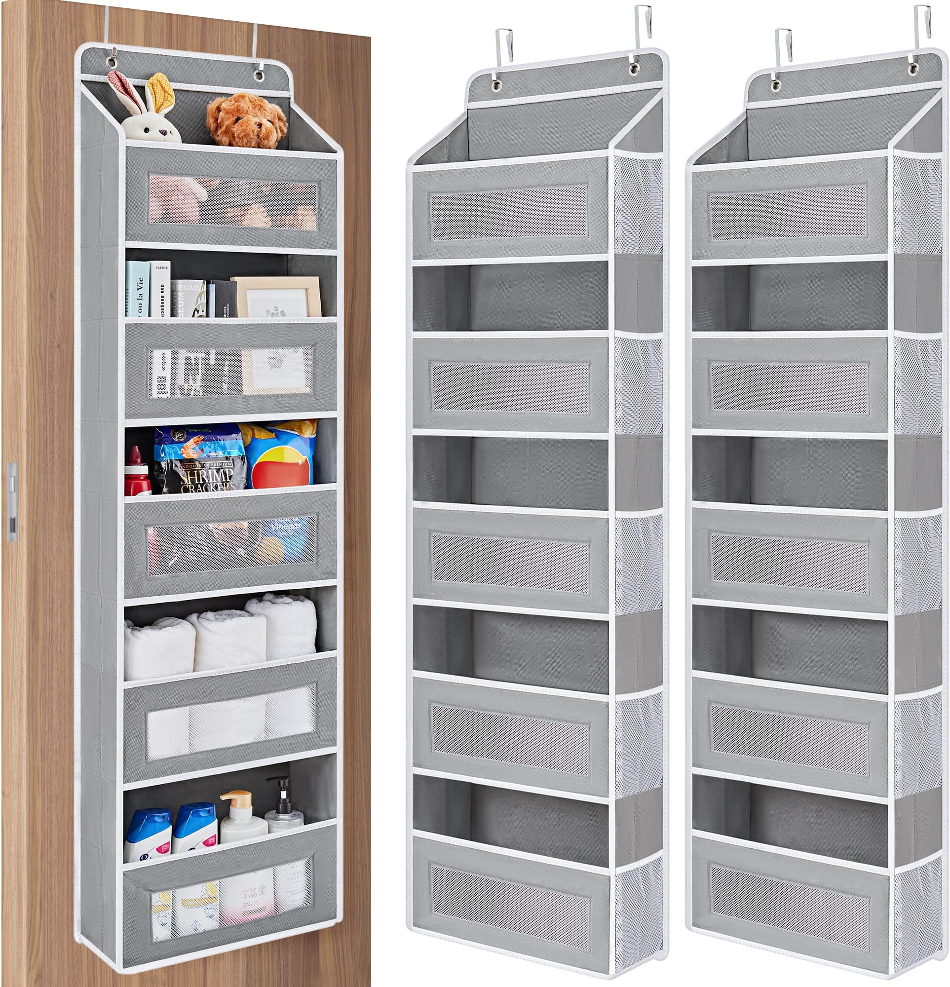 JARLINK 2 Pack Over the Door Organizer Storage, 5 Shelf Hanging Door Organizer with 5 Large Capacity Pockets, Anti Tilt 44 lb Load Behind Door Organizer for Bedroom, Bathroom, Pantry, Nursery, (Grey)