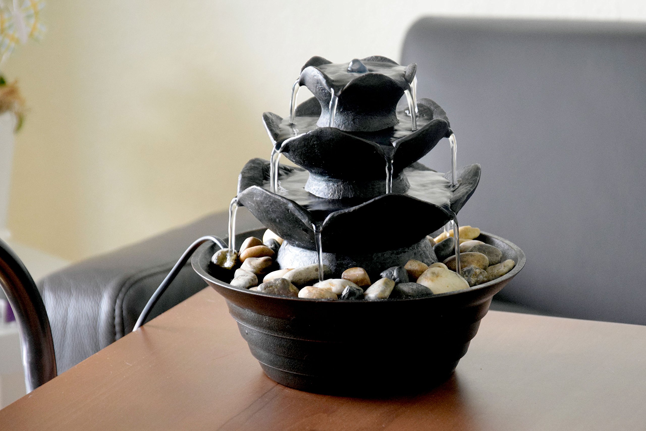 dobar 96410e Design Fontana in poliresina Effetto Pietra, con Pietre Decorative, Giochi d' Acqua con Pompa per Interni, plastica, Nero, 22.2 x 22.2 x 20.6 cm