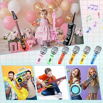 18 Pcs Inflatable Rock Star Instrument Set Include Inflatable Microphone 2 Inflata Guitar 1 Mobile Phone Recorder Piano Saxophone Bass 4 Lute with 1 Pump for 80s 91s Themed Birthday Party Decorations