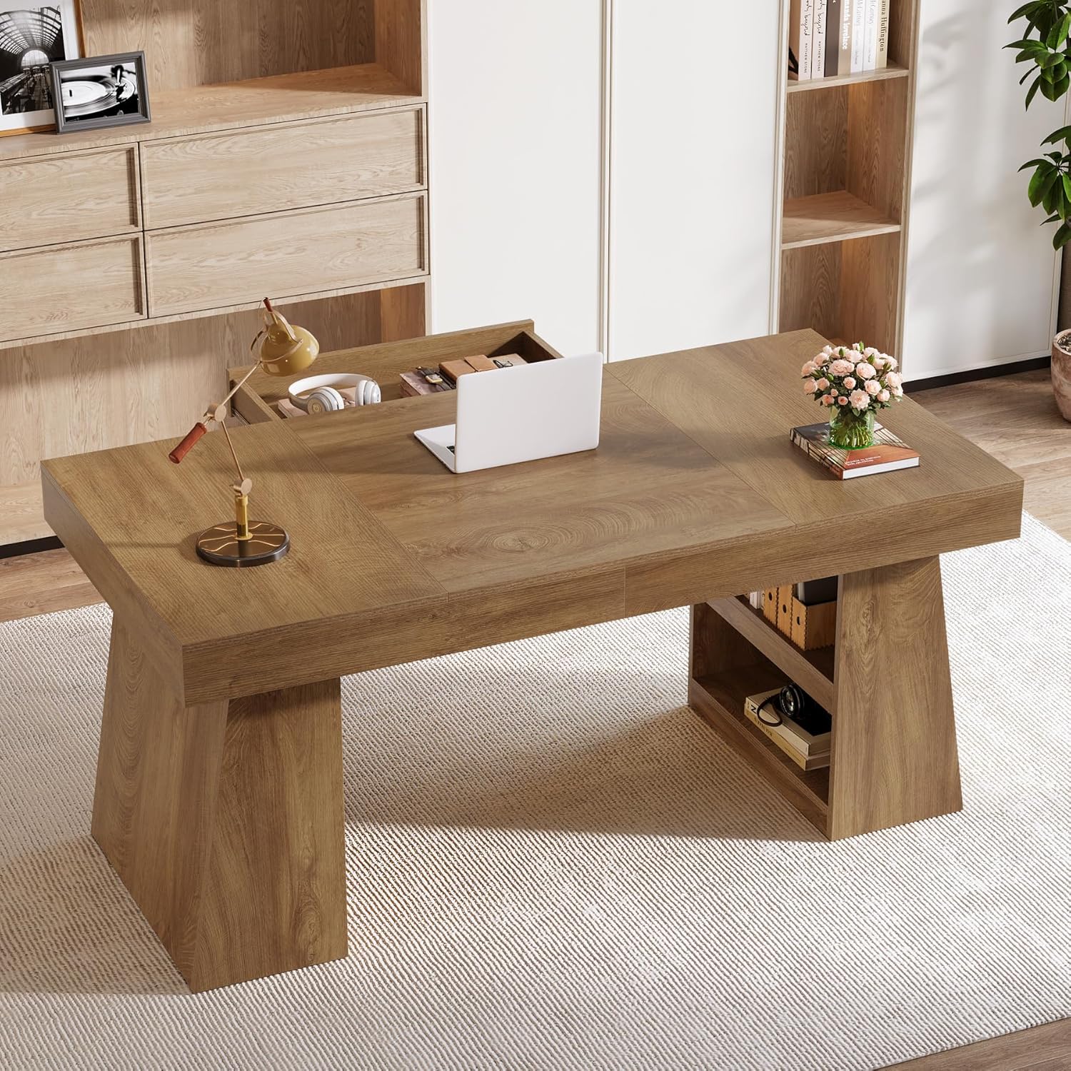 Tribesigns 55-Inch Executive Desk with Drawer, Large Office Computer Desk with Double Pedestal and Storage Shelves, Farmhouse Wooden Writing Table Workstation Business Furniture for Home Office, Brown