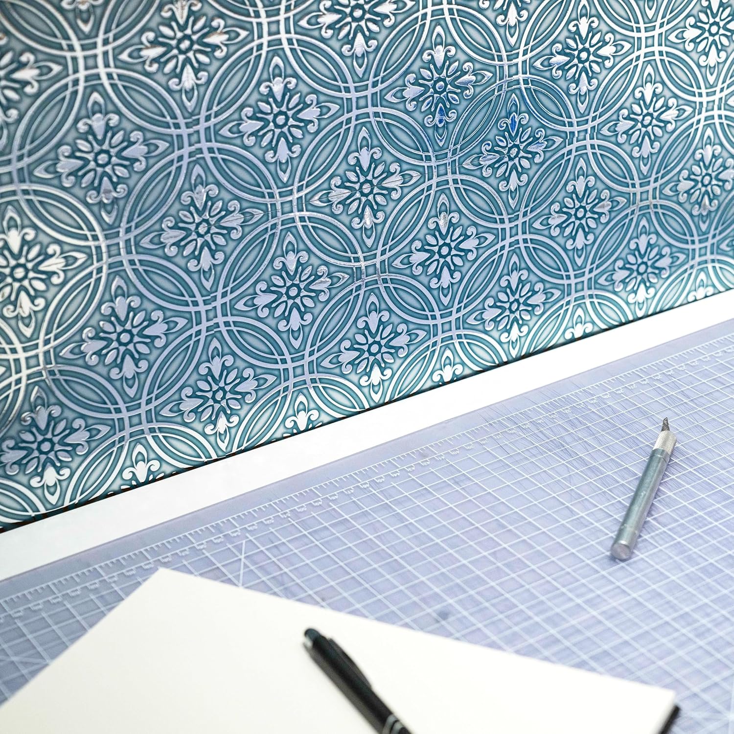 Main Street – 24-Pack of 8 x8 Peel and Stick Backsplash Wallpaper Tiles – Teal Painted Silver Design – Removable Self Adhesive Wall Tile for Kitchen, Renter-Friendly for Your Home and DIY Projects