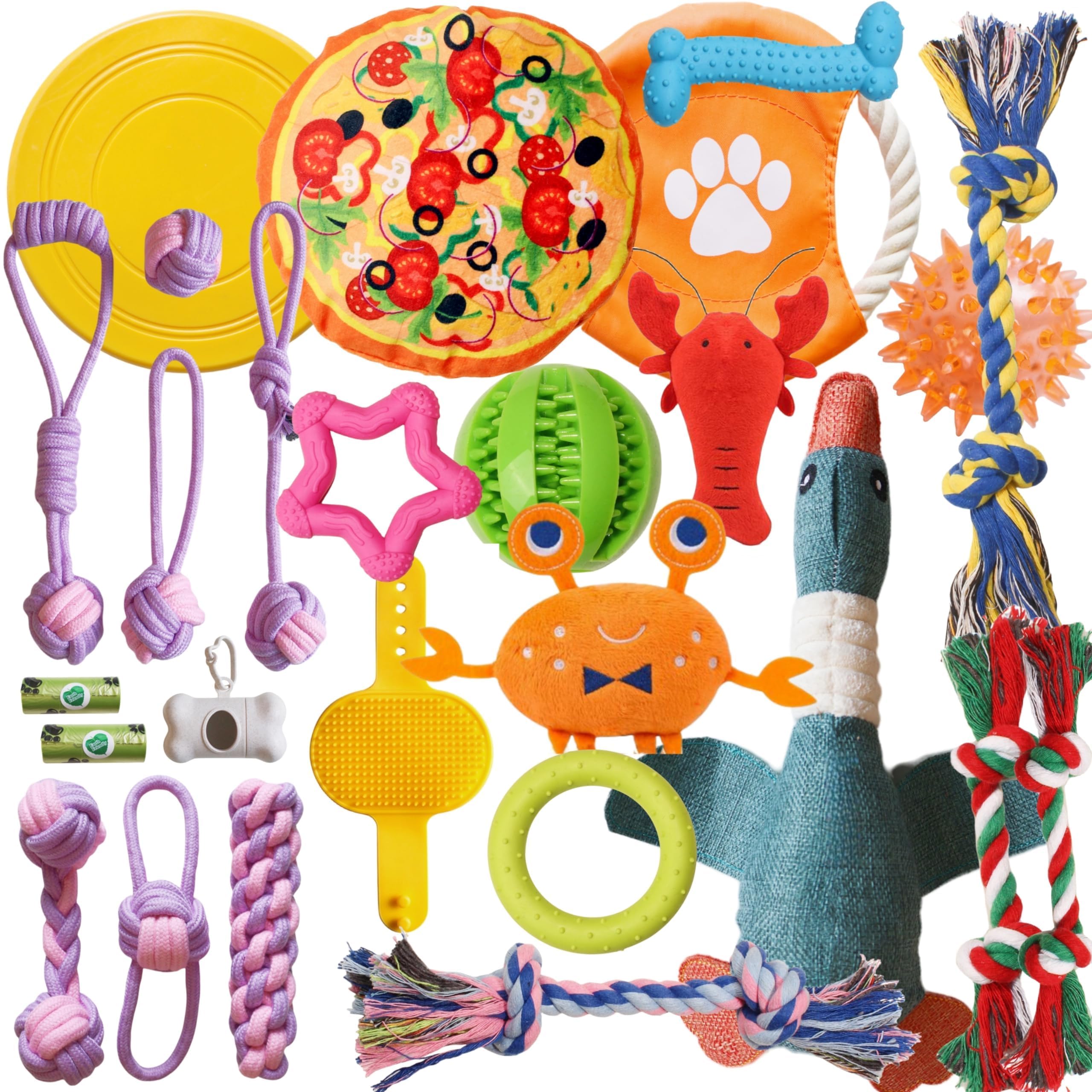 SOCOWVAKA Puppy Chew Toys Set 26 Pack for Fun and Teething Cleaning, Dog Toys Pack with Squeak Plush Toy, Squeaky Toy Balls, Rope Toys for Puppy 0-6