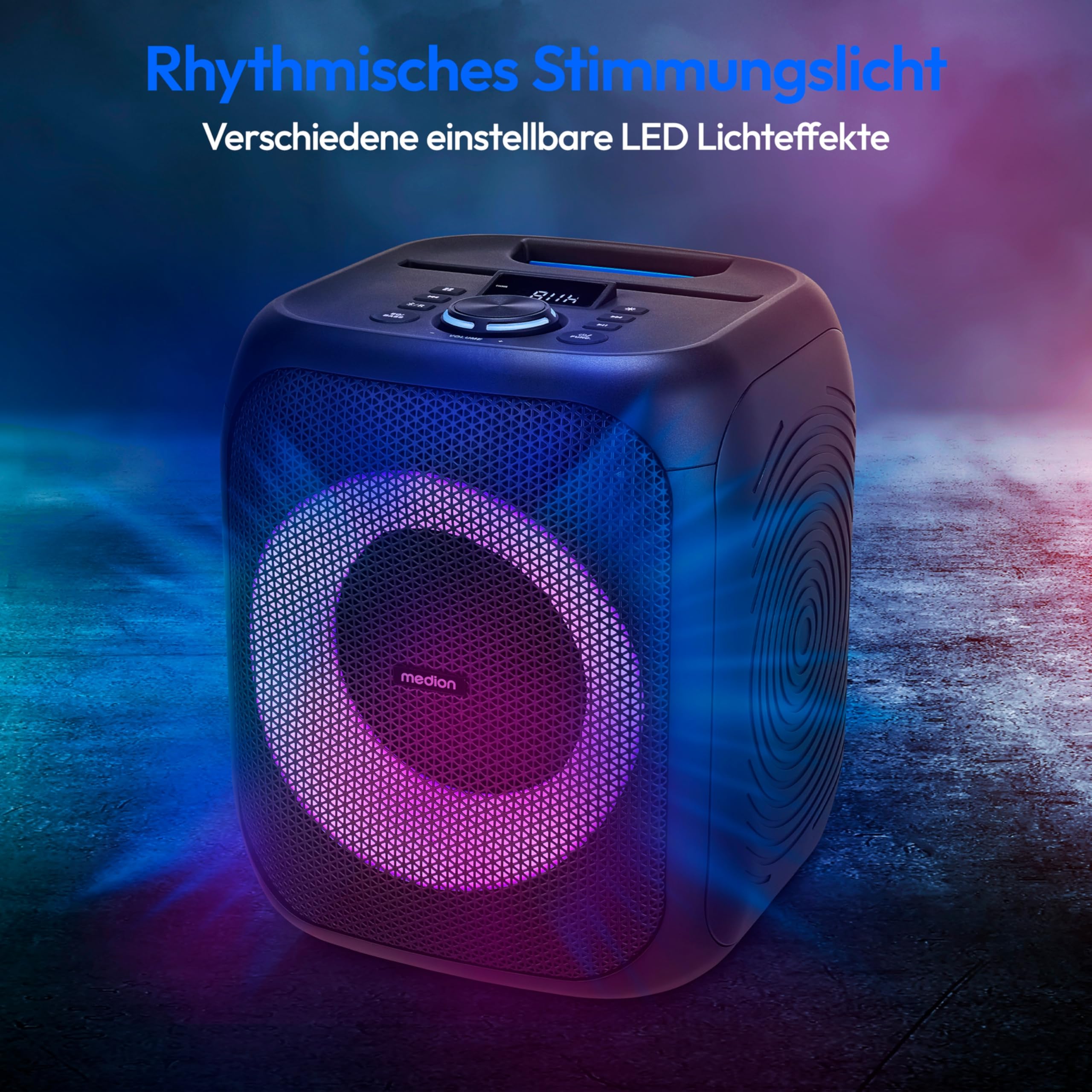 MEDION S61991 Partylautsprecher mit Bluetooth (Partysoundsystem inklusive Mikrofon, Party Box, tragbares Soundsystem, integrierter Akku, für drinnen und draußen, Lichteffekte, TWS)