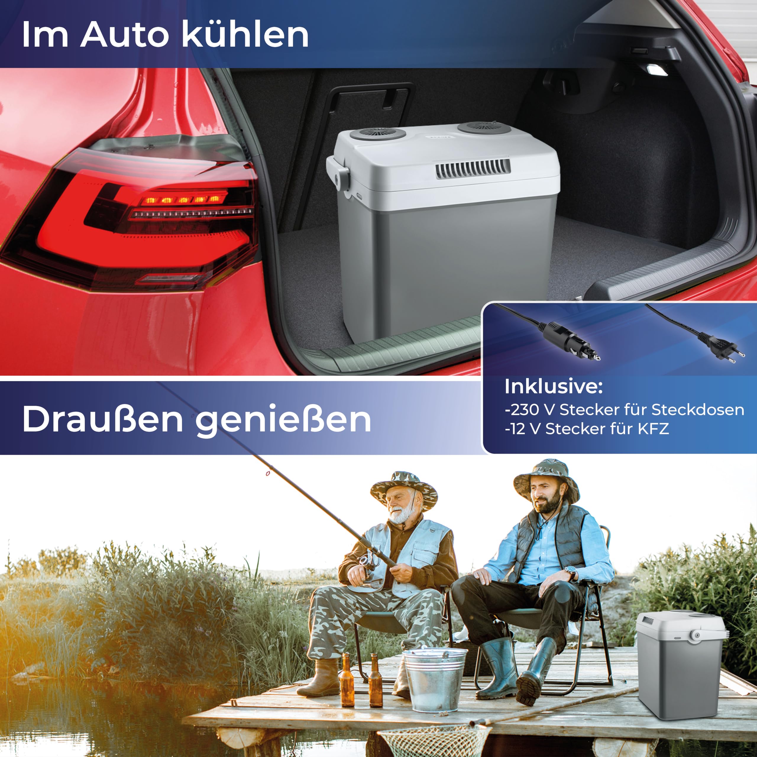 KLAMER elektrische Kühlbox 25 Liter 230V & 12V Auto-Kühlbox Camping grau