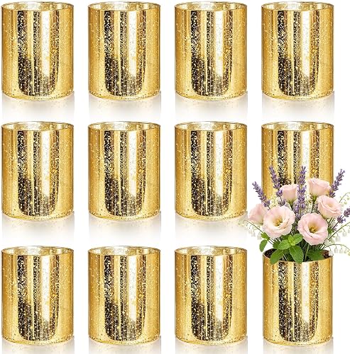 12 Pcs 4'' Gold Cylinder Vases for Centerpieces Mercury Vase Hurricane Vase Bulk Acrylic Round Wide Container for Flowers Home Office Wedding Table Decoration