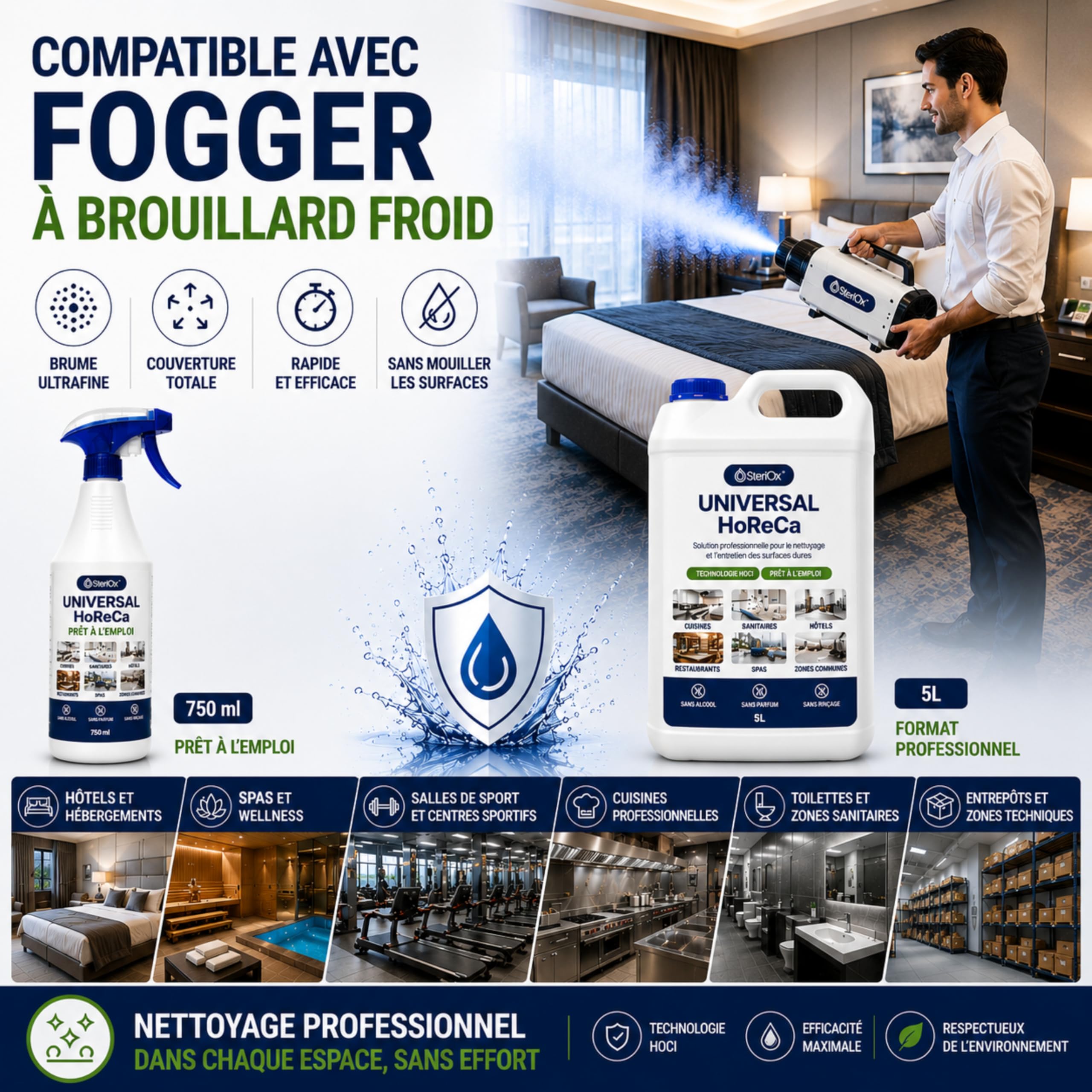HoReCa 750ml - Nettoyant multi-usages HOCl - Sans alcool | Formule professionnelle prête à l'emploi