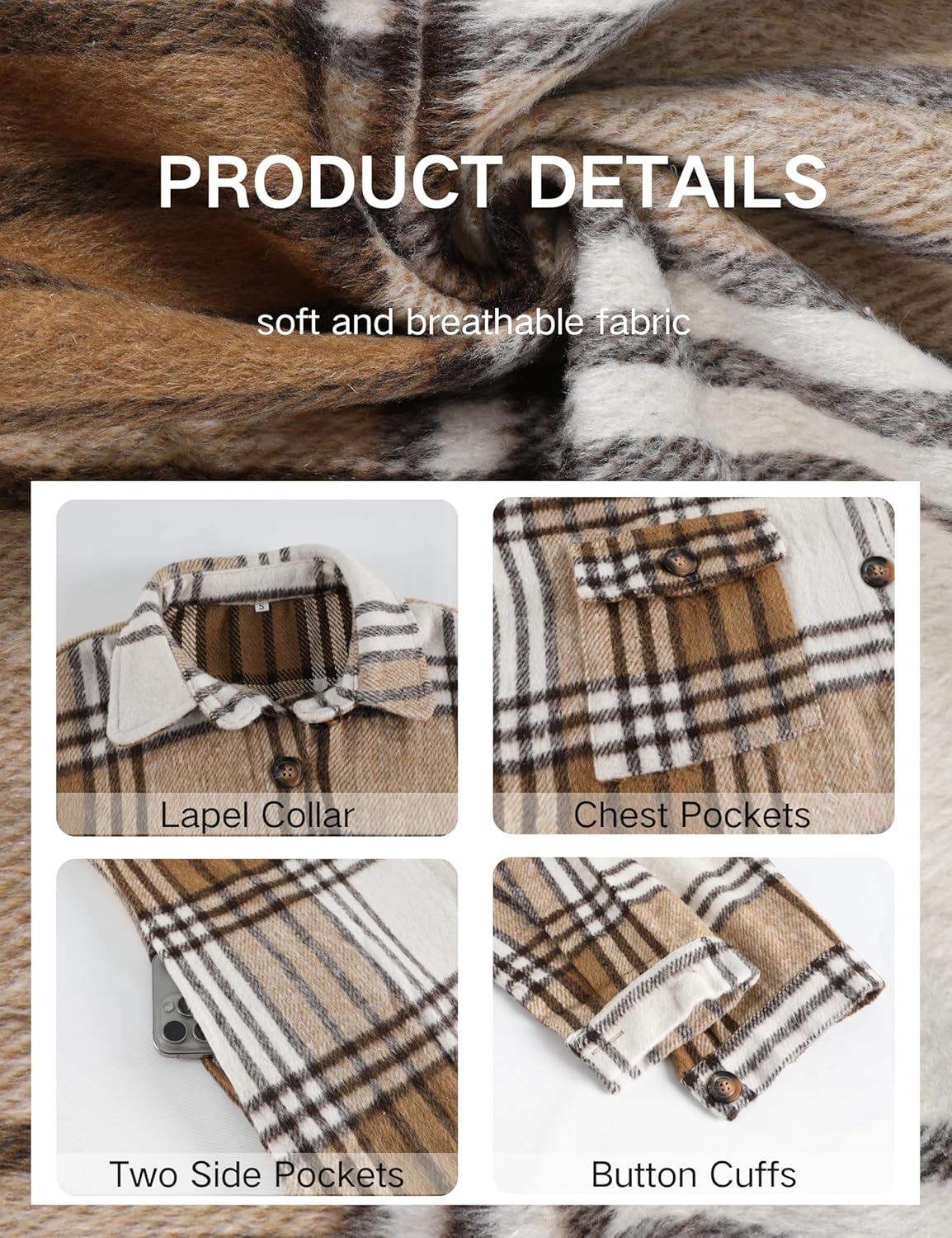 PUWEI Women's Long Flannel Plaid Jacket Shacket Cozy Lapel Button Down Shirt Jacket Fuzzy Trench Coat - Image 5