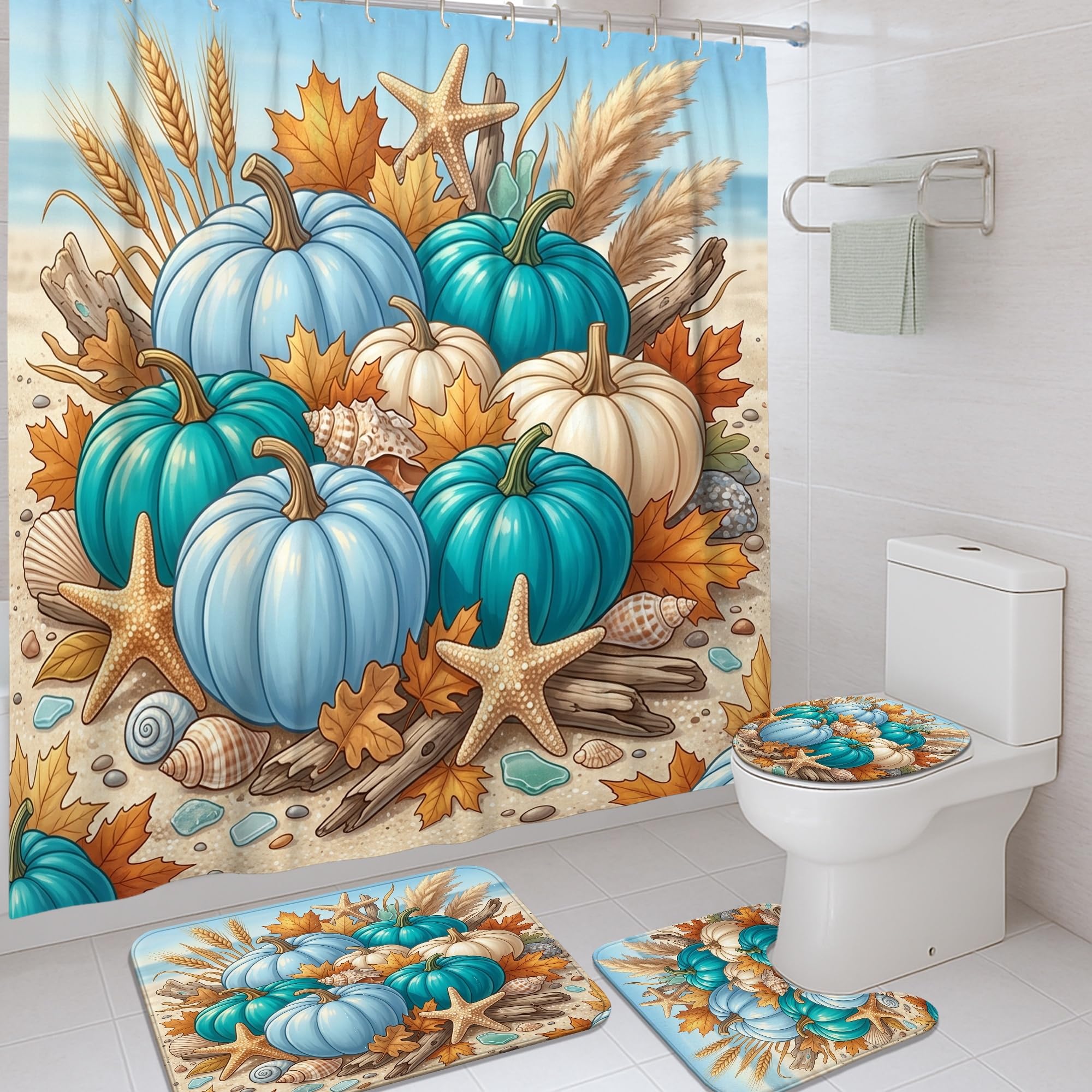 Rideaux de douche rustiques étoiles de mer avec crochets de bain