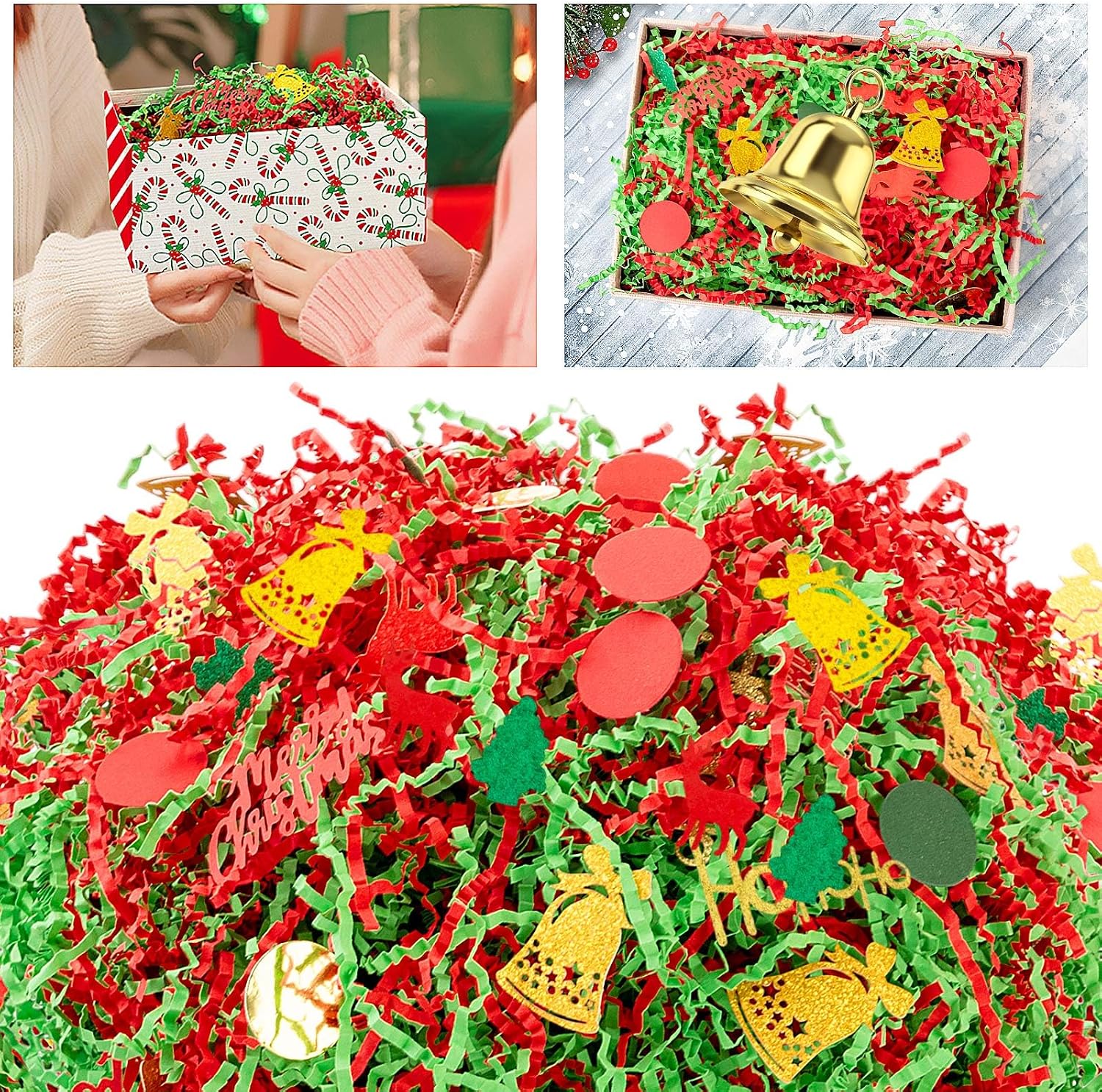 Kosiz 1LB Metallic Red Green Christmas Crinkle Cut Paper with Reindeer Xmas Tree Confetti Wonderland Paper Shred Filler Strand Raffia Grass Tissue Crinkle Gift Box Basket Packing Filler for Xmas Party