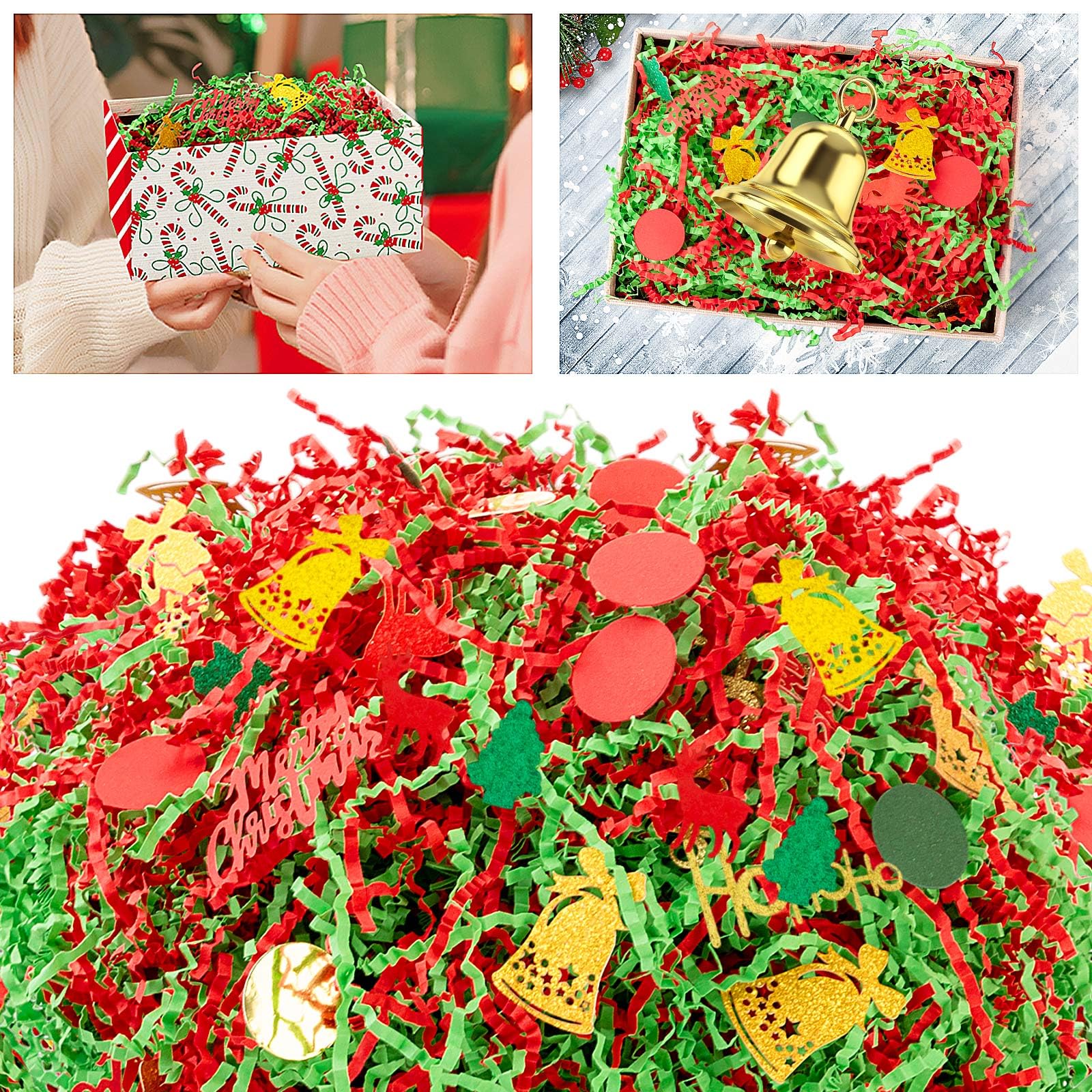 Kosiz 1LB Metallic Red Green Christmas Crinkle Cut Paper with Reindeer Xmas Tree Confetti Wonderland Paper Shred Filler Strand Raffia Grass Tissue Crinkle Gift Box Basket Packing Filler for Xmas Party
