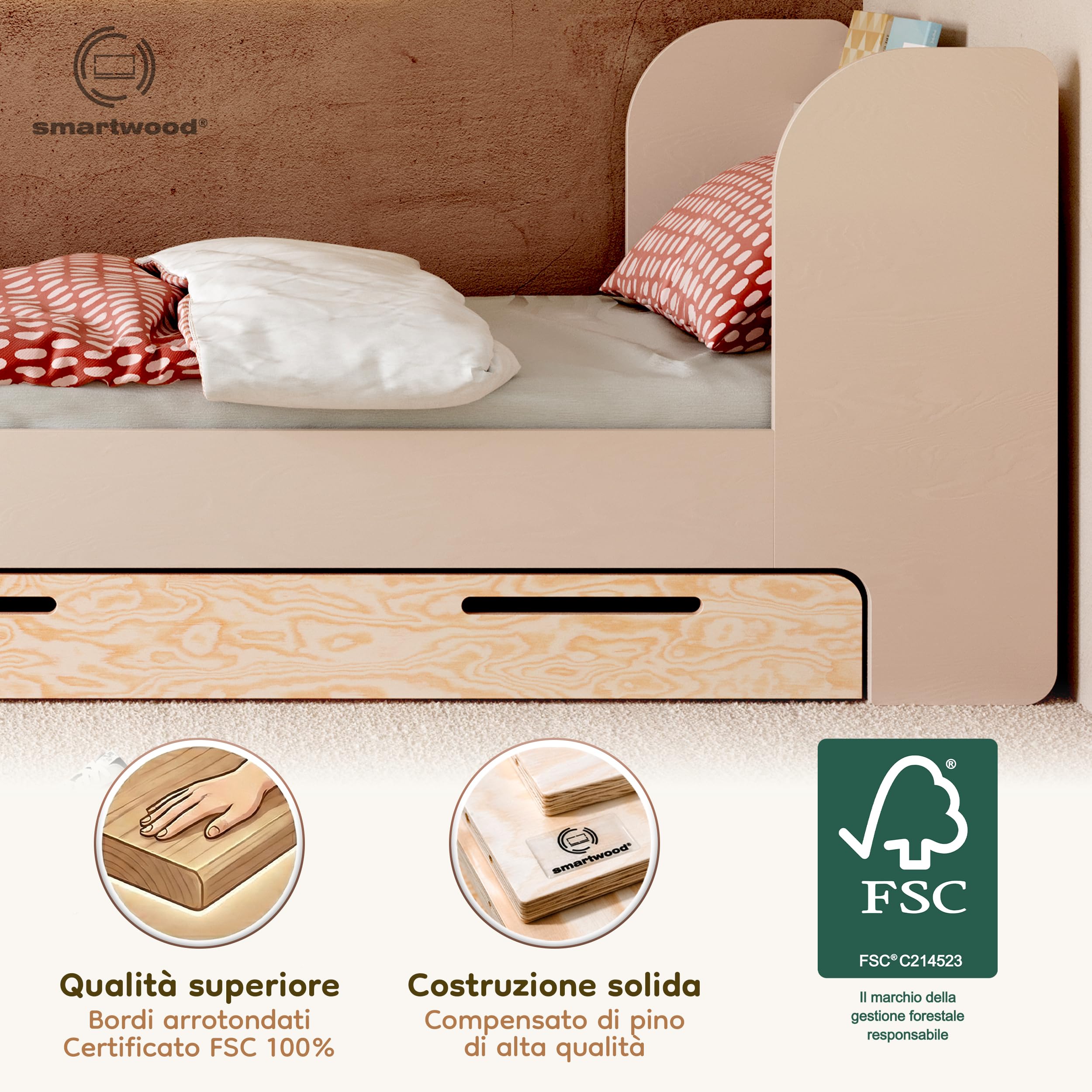 smartwood Letto Bambino 100x200 cm con Cassetto, in Legno, Cachemire Flou D | incl. Cassetto, Testiera con Ripiano, Rete fino a 230 kg, in Legno di Pino FSC, Letto per Ragazze & Ragazzi dai 3 anni