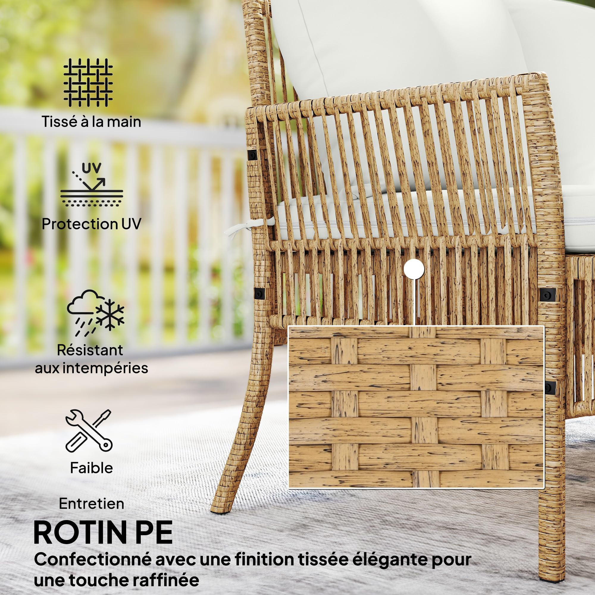 Outsunny Salon de Jardin Extérieur d'angle 4 Places Résine Tressée, Crème | Canapé 2 Places, Chaise Longue, Table Basse, Plateau en Verre Trempé, Coussins, Mobilier de Jardin, Terrasse, Patio