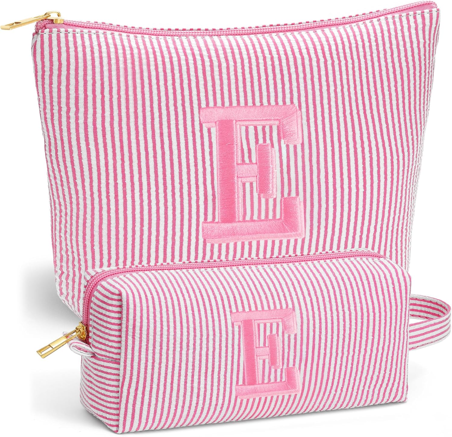 Fohufo Personalized Initial Makeup Bag Set - Cute Pink Letter E Cosmetic Pouch & Travel Toiletry Bag, Perfect Gifts for Women