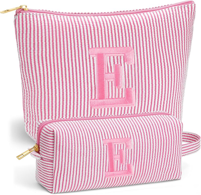 Kit de necessaires Fohufo para maquiagem e viagem com inicial bordada, rosa, conjunto com 2