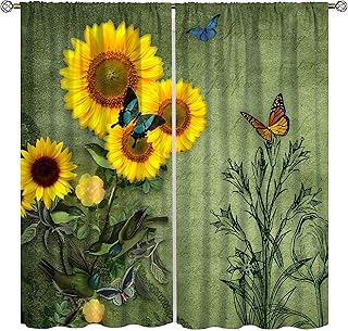 Sunflower Curtains, Green Letter Background Vintage Elegant Sunflower Butterfly Bedroom Living Room Nursery Window Decorative Curtains 42x45in