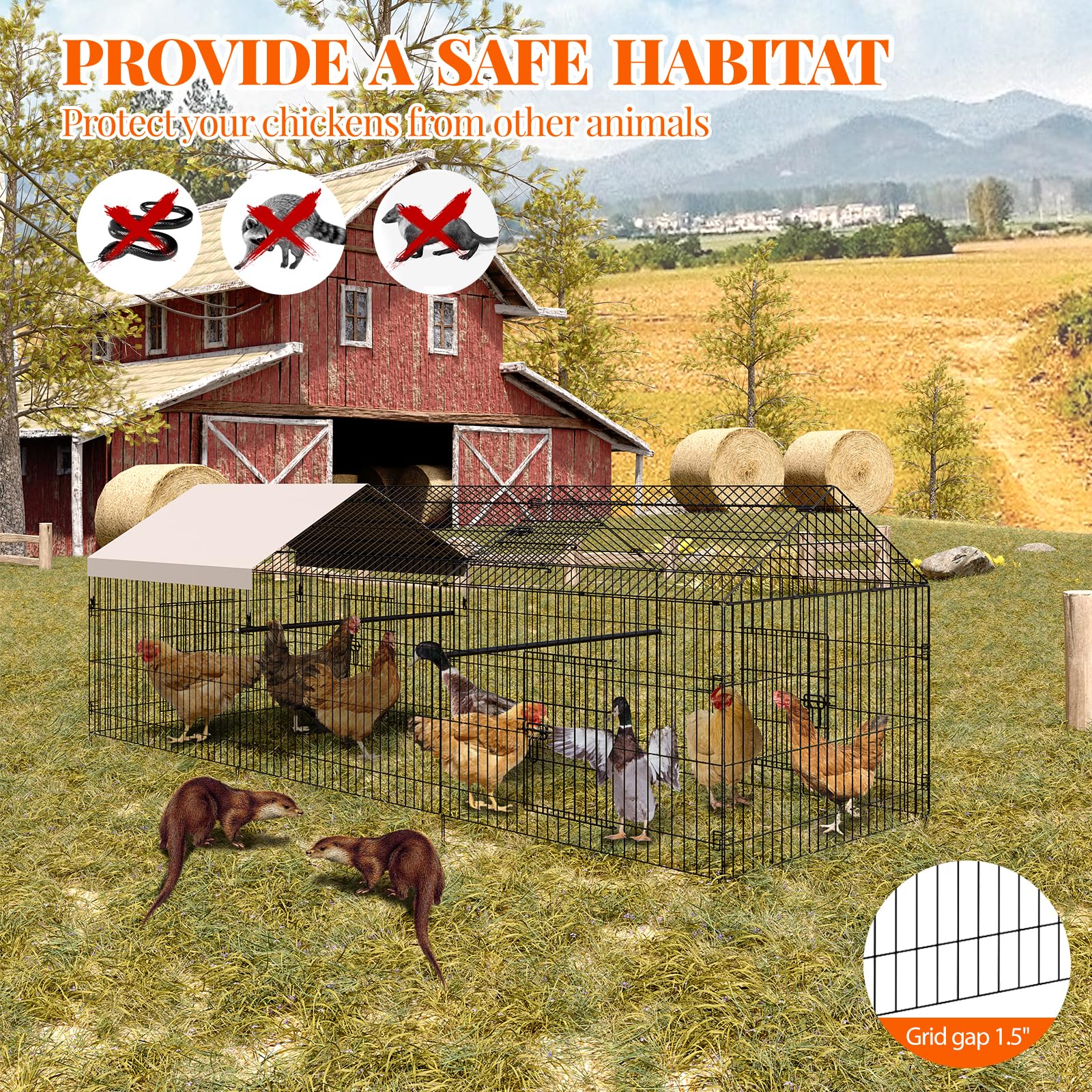 Hühnerstall aus Metall, 3,3x1x1m Großer Freilaufgehege mit Sicherheitsschloss & Wasserdichtes Dachabdeckung, Freigehege mit 4 Türen & 1 Fenster, Hühnerhaus Outdoor für Vogelkäfig & Weitere Kleintiere