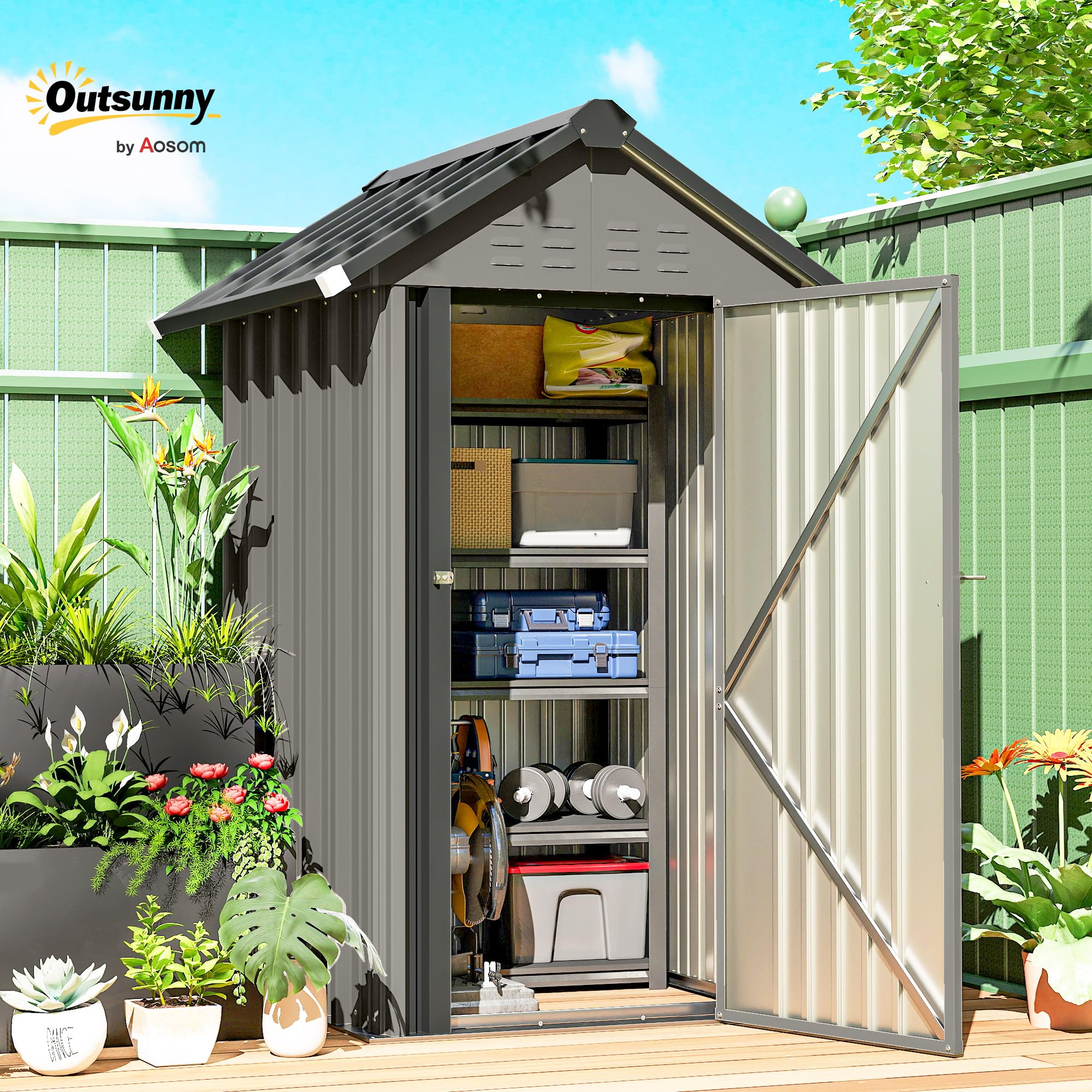Outsunny Casetta attrezzi metallo 1,17 m² tetto a due falde 122x121x192 cm resistente intemperie grigio chiaro