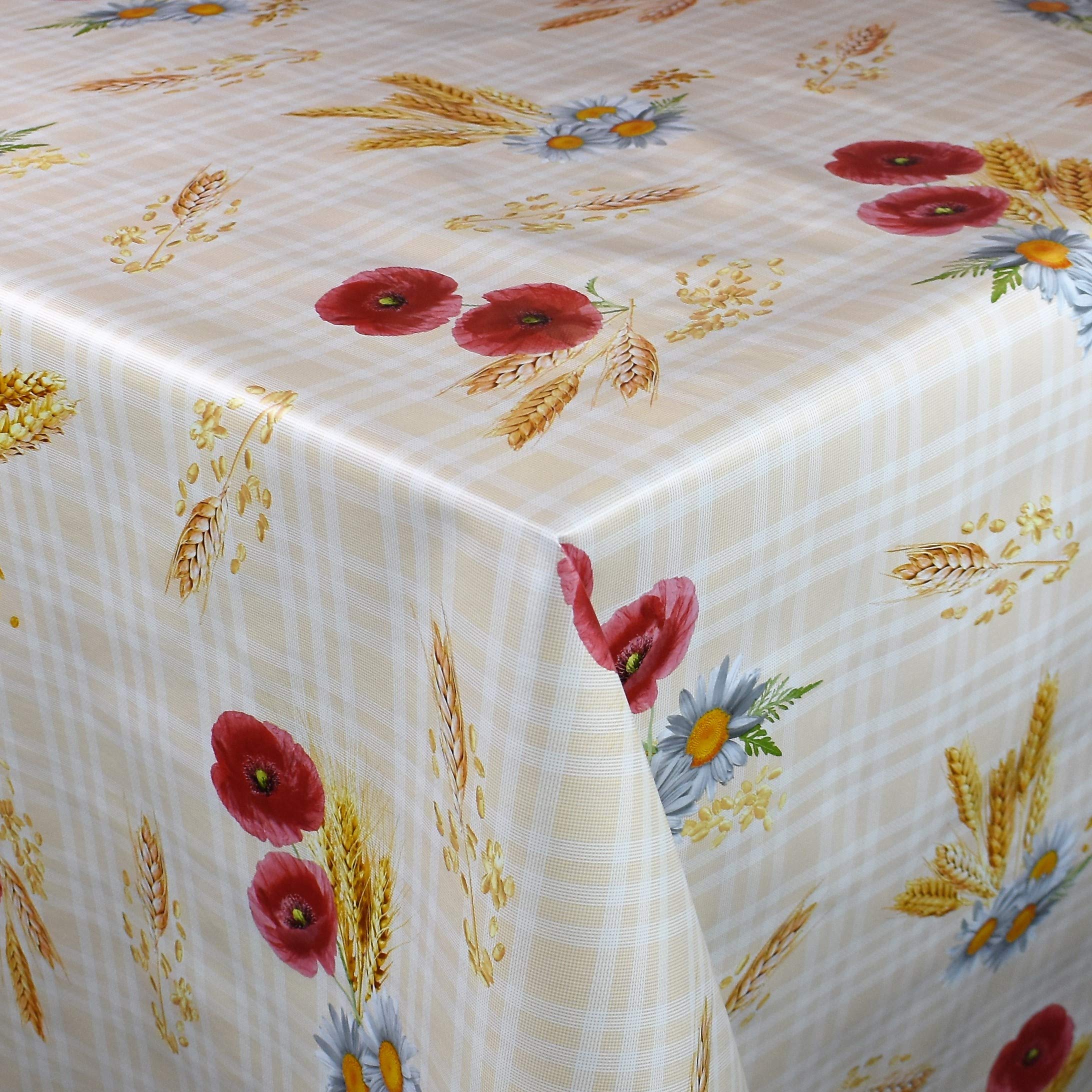 KEVKUS Wachstuch Tischdecke 01238-00 Mohn Getreide Margeriten kariert wählbar in eckig rund oval (Rand: Schnittkante (ohne Einfassung), 140 x 400 cm eckig)