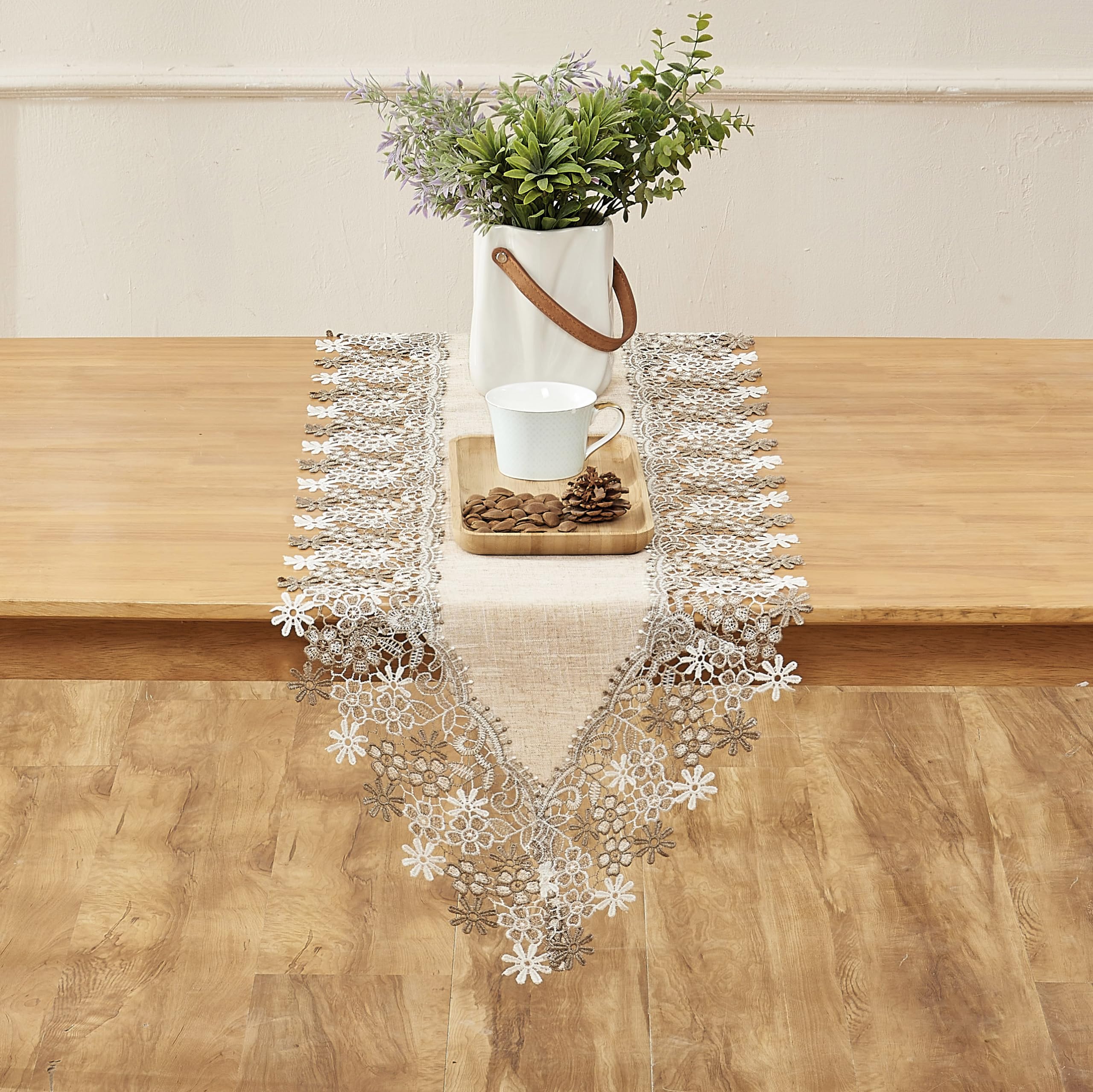 Runner da tavola in pizzo floreale con tonalità neutre naturali beige 274,3 cm di lunghezza per la decorazione della casa (naturale, 40,6 x 274,3 cm)