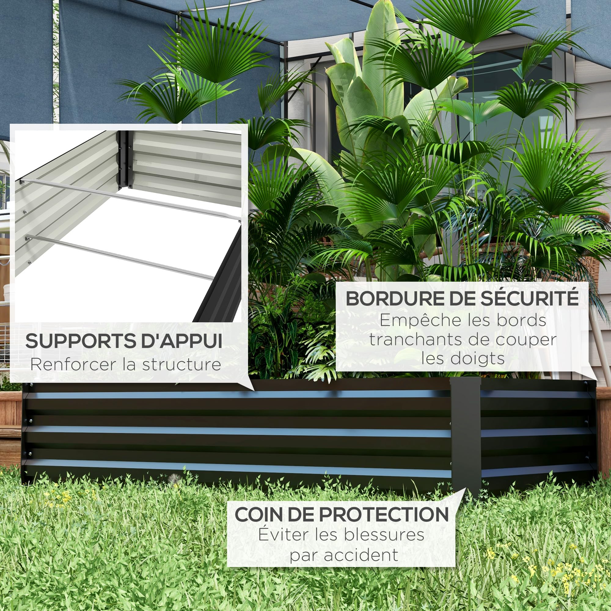 Outsunny Jardinière rectangulaire Potager de Jardin bac à Fleurs en Acier avec Bordure de sécurité et Fond Ouvert dim. 150L x 70l x 30H cm Noir