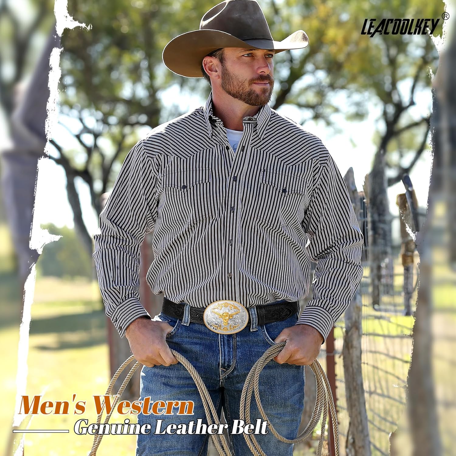 LEACOOLKEY Men's Leather Belt Western Cowboy Leather Belt for Jeans Pants Snap Belt with Detachable Buckle - Image 2