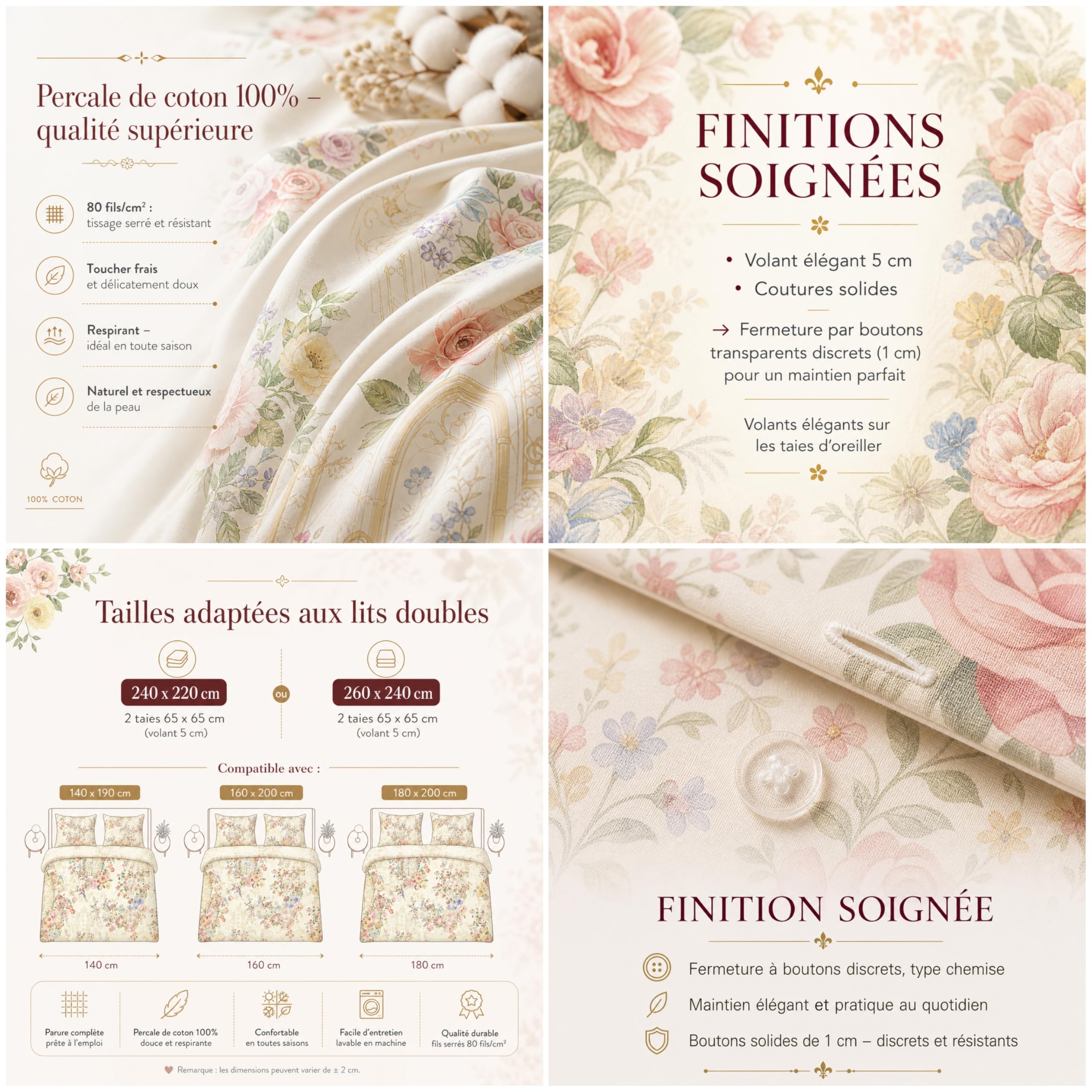Fanny & Céline Housse de Couette 240x220 cm 100% Coton Percale 80 Fils Réversible | Parure de Lit Fleurie Vintage | 2 Taies d’Oreiller 65x65 cm avec Volant | Douce et Respirante FC-2517