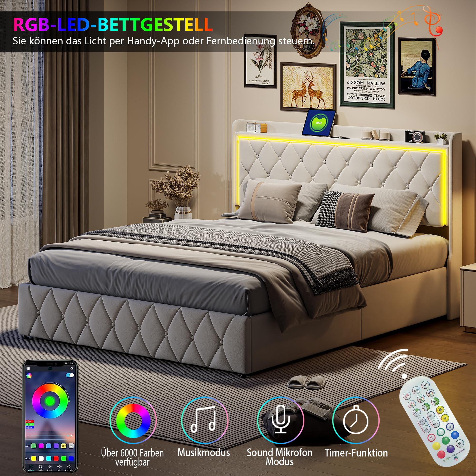 Lit Coffre 160x200cm avec LED et USB, Lit Double Rembourré en Velours Beige avec Sommier à Lattes, Tête de Lit avec Rangement, Cadre de Lit Capitonné pour Adultes et Adolescents