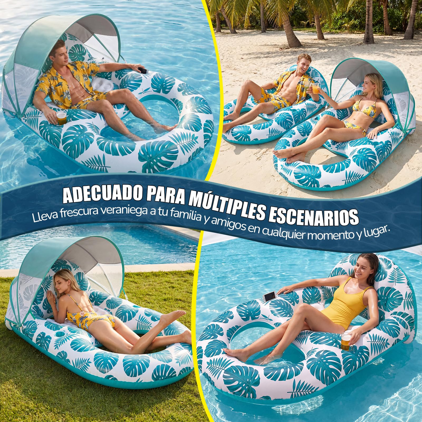 Colchoneta Piscina Adultos, Inflable Flotador con Sombrilla Colchón de Aire Adulto con Portavasos y Respaldo para Verano Piscina Playa