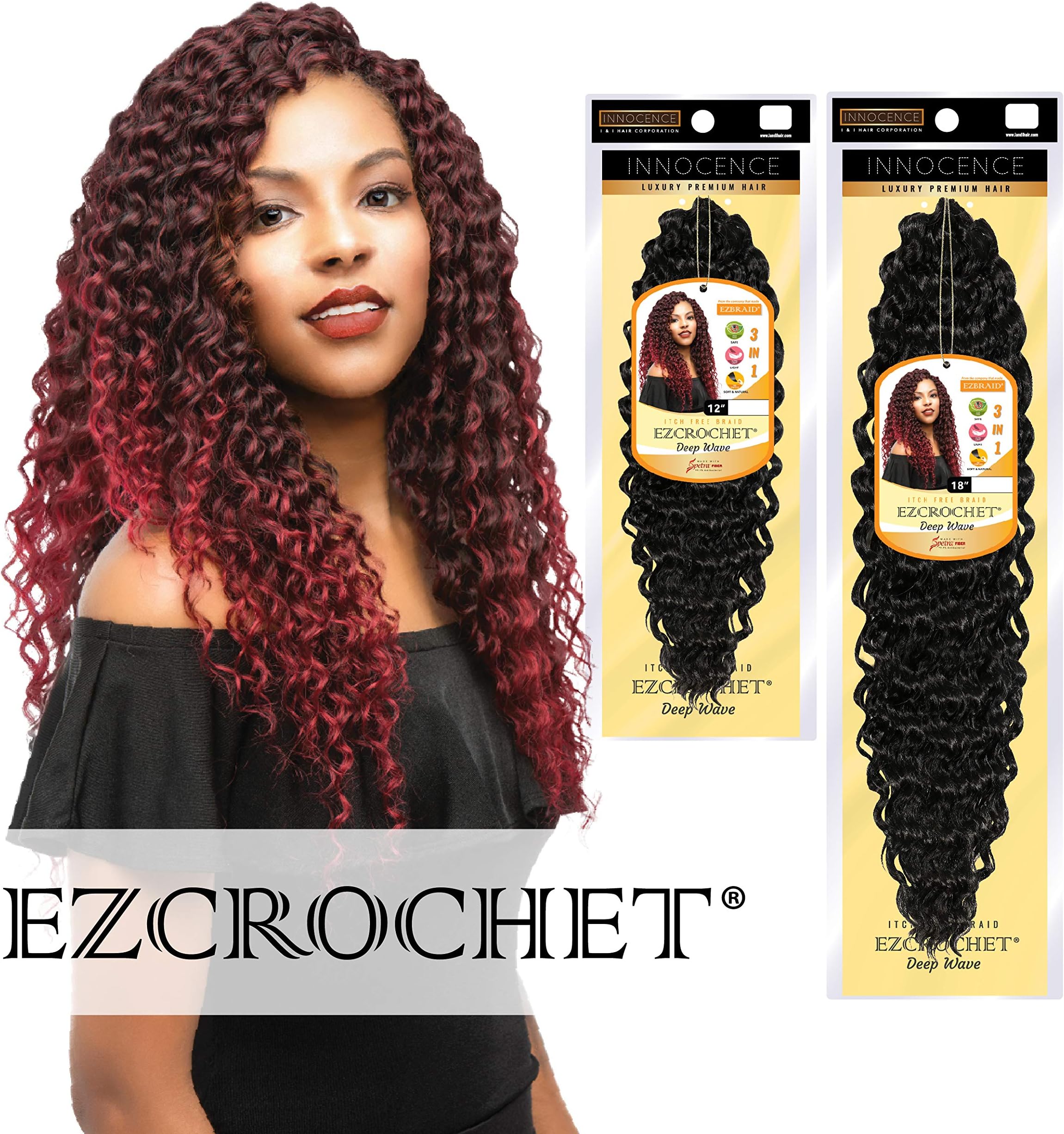 Innocence EZCROCHET (World's First Itch-Free Crochet Hair) Pre-Stretched & Pre-separated | Natural Texture Ombre Color Crochet Hair (12" Deep Wave, 1)