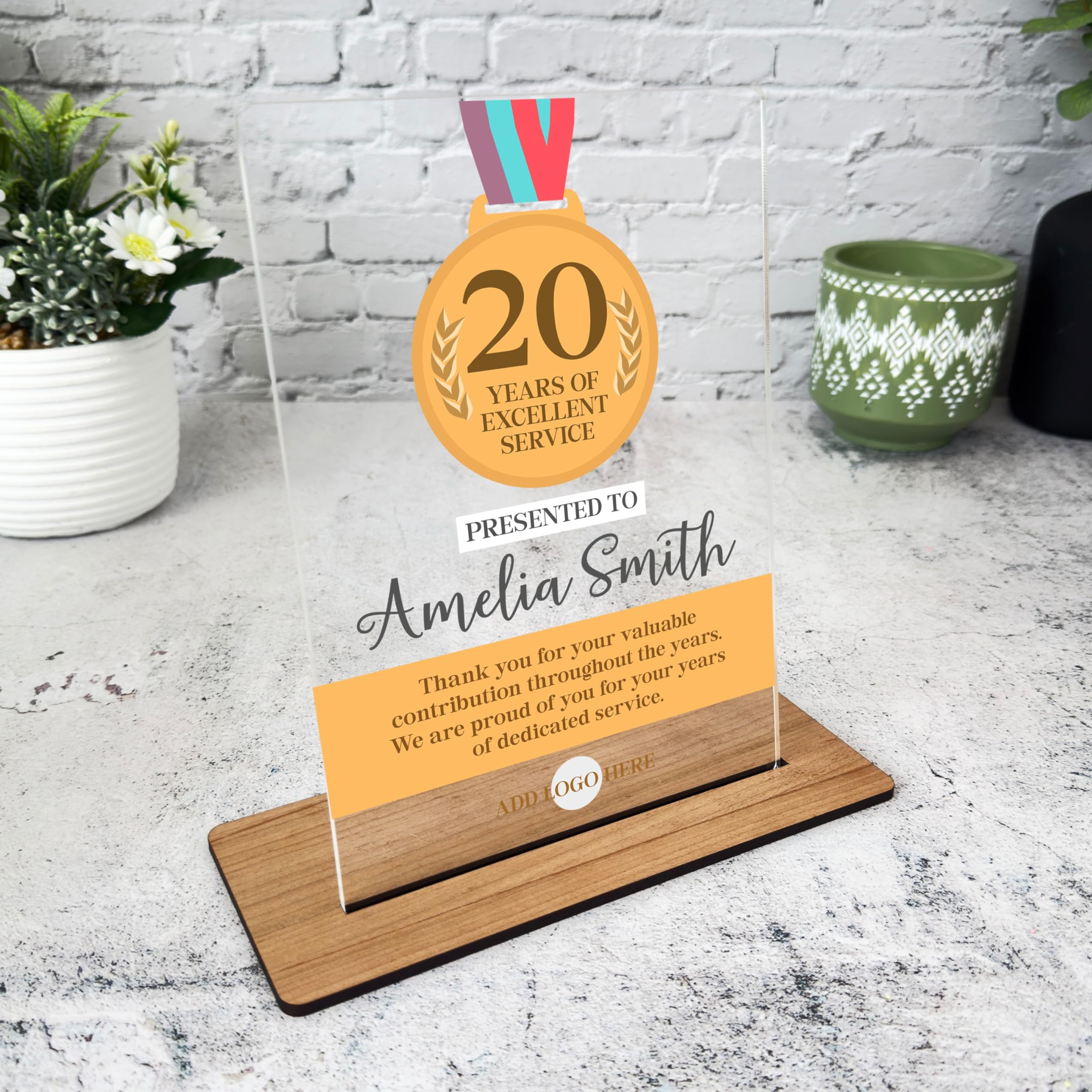 20 Years Of Work Service 20th Anniversary Medal Job Gift Employee Custom Plaque - Acrylic Plaque, Personalised Thank You Present Gift Congratulations Present Gift