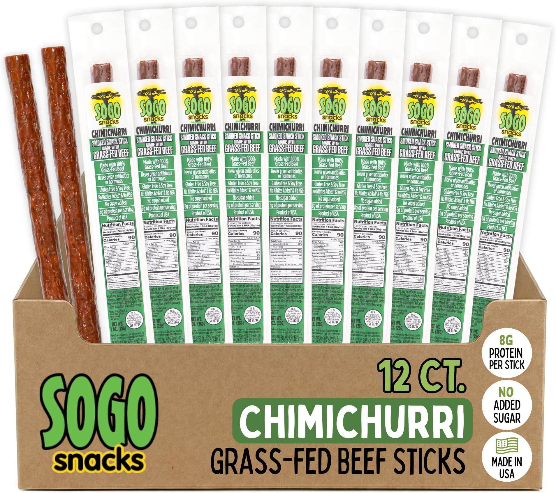 Chimichurri 100% Grass Fed Beef Sticks,Sogo Snacks, Low Carb and Gluten-Free Snack, Hiking and Road Trip Snacks, Snack Pack of 12