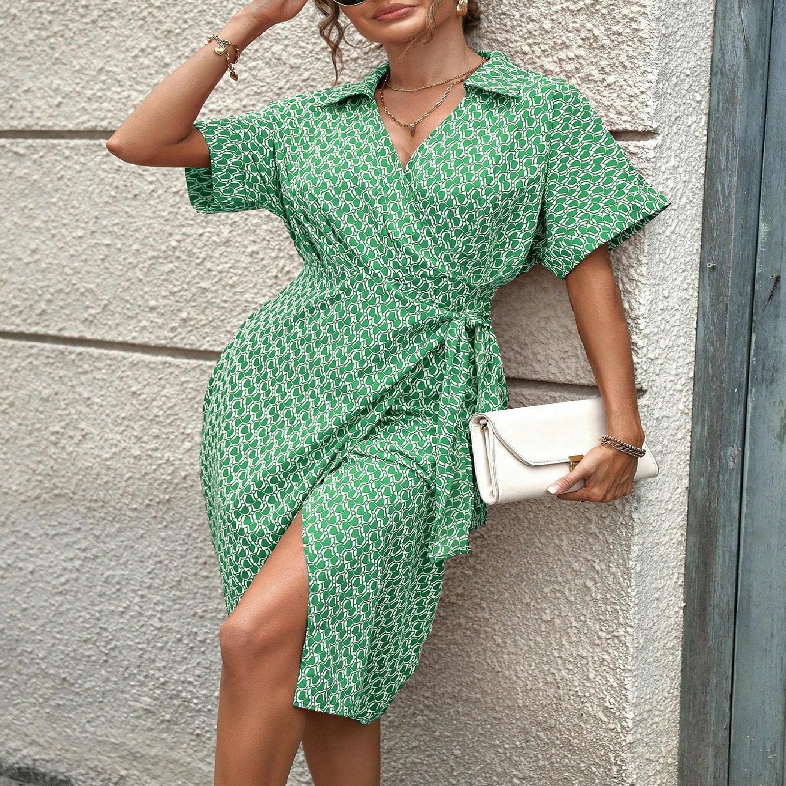 Abiti da Donna Abito Lungo Stampato Estivo Casual Manica Corta con Scollo A V Attillato in Vita-Rosso-l