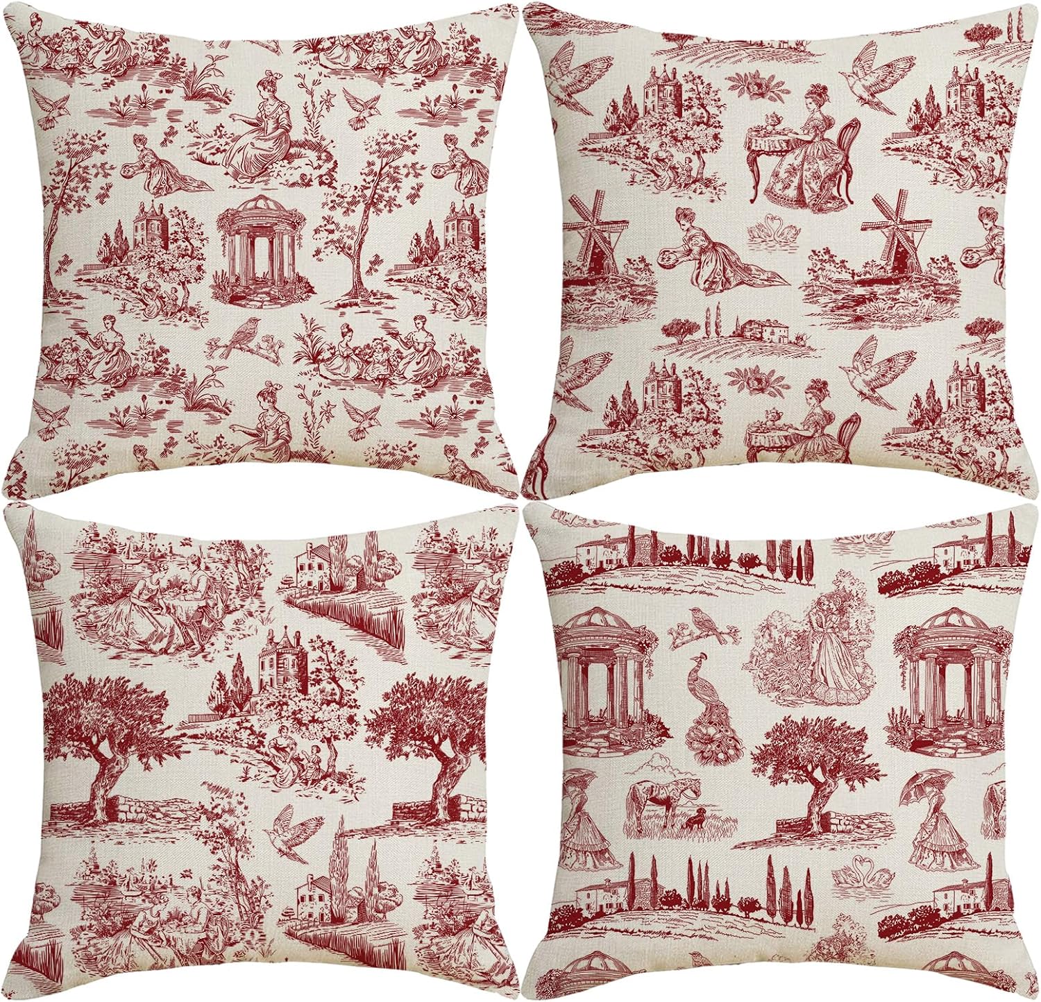 HOSTECCO Red Toile Throw Pillow Covers 18x18 inch Set of 4 French Country Pillow Cases Vintage Scenery Decorative Cushion Covers for Sofa Couch