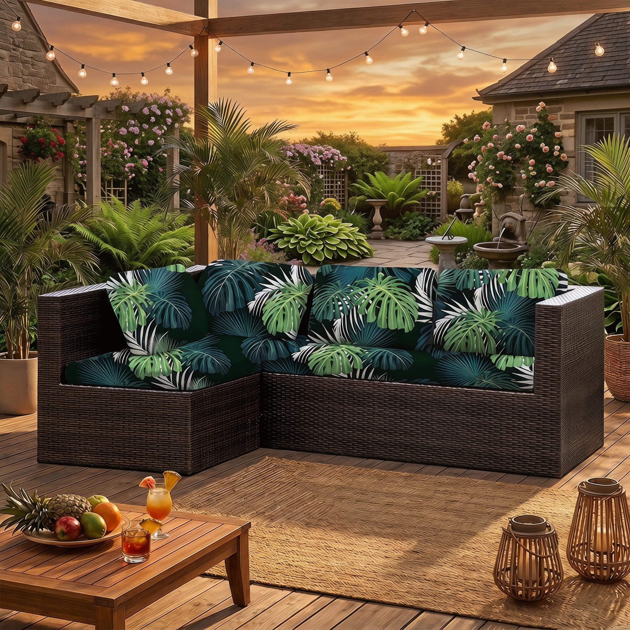 LiveGo Kissenbezüge für Outdoor-Terrassenkissen, waschbare Ersatz-Schonbezüge für Sofa- und Couchkissen, weich und langlebig, Sitzschoner für Terrassenmöbel (6, grüne Blätter A)