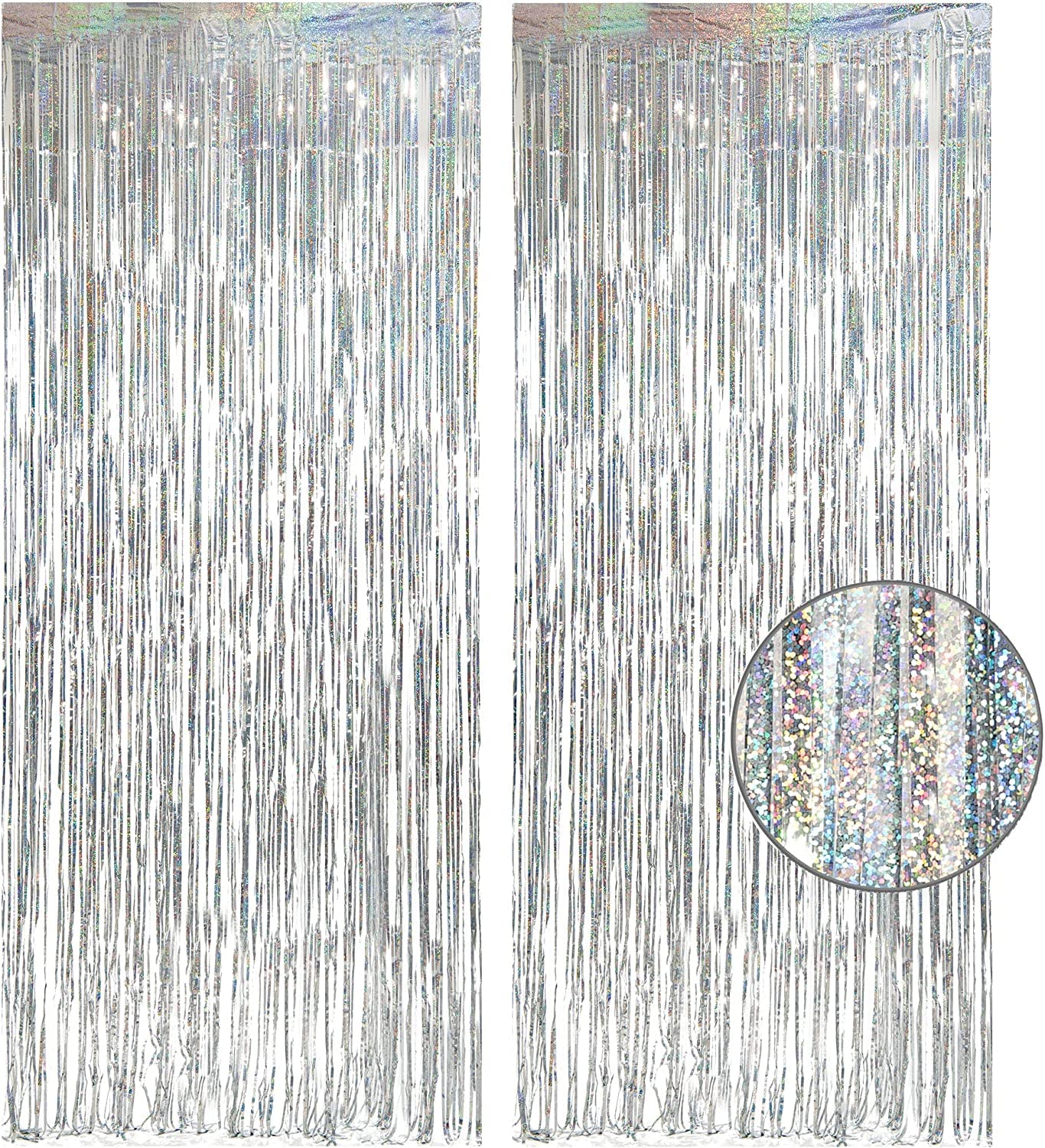 BANSHAN 2Pcs Silver Metallic Tinsel Foil Fringe Curtains,3.28ft x 6.56ft Silver Photo Booth Backdrop Streamer Curtain,Photo Booth Props,Birthday,Christmas,New Year Party Decorations