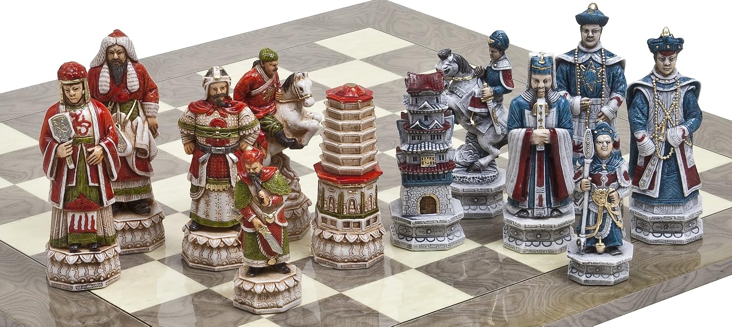 Great Wall of China Luxury Chessmen from Italy & Greenwich Street Chess Board Giant Size: King 5 3/4"