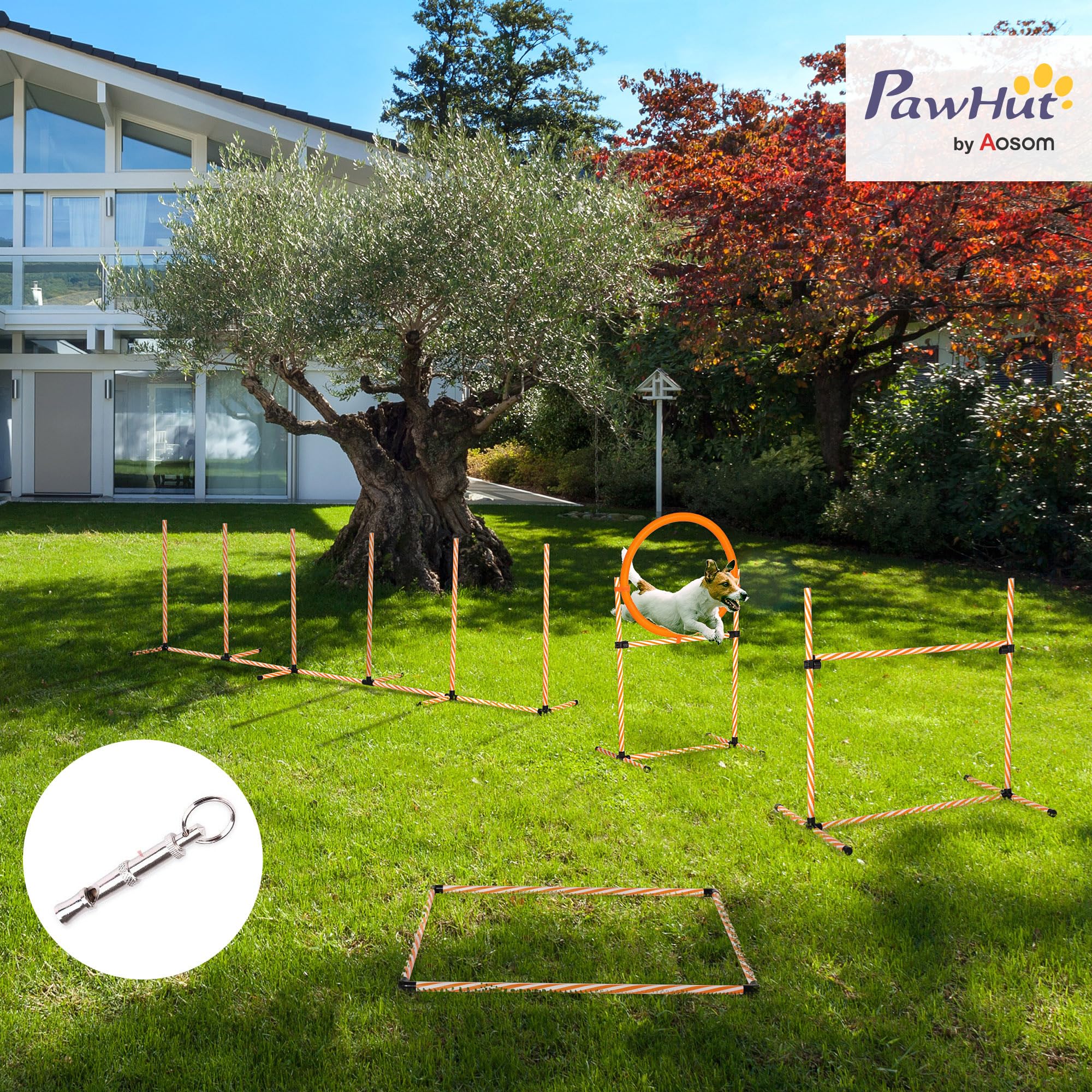 PawHut Set de Entrenamiento de Agilidad para Perros de 4 Piezas Juego de Agilidad para Perros con Valla, Slalom con piquetes, Zona de Descanso y Anillo de Salto Naranja