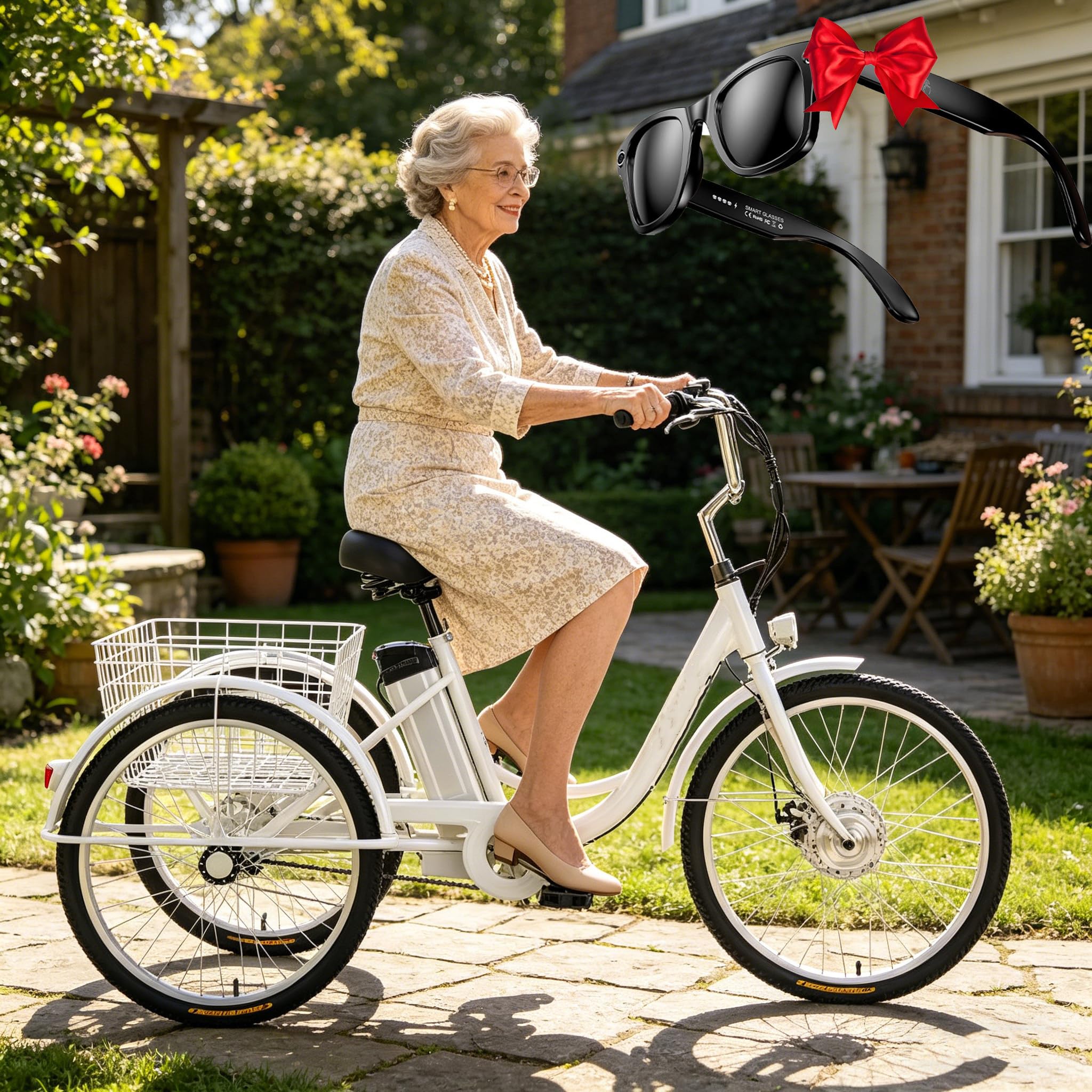 Triciclo elettrico a 3 ruote per adulti, bici da passeggio da 24 pollici, portata massima 150 kg, altezza regolabile, carrello per la spesa, rosso.