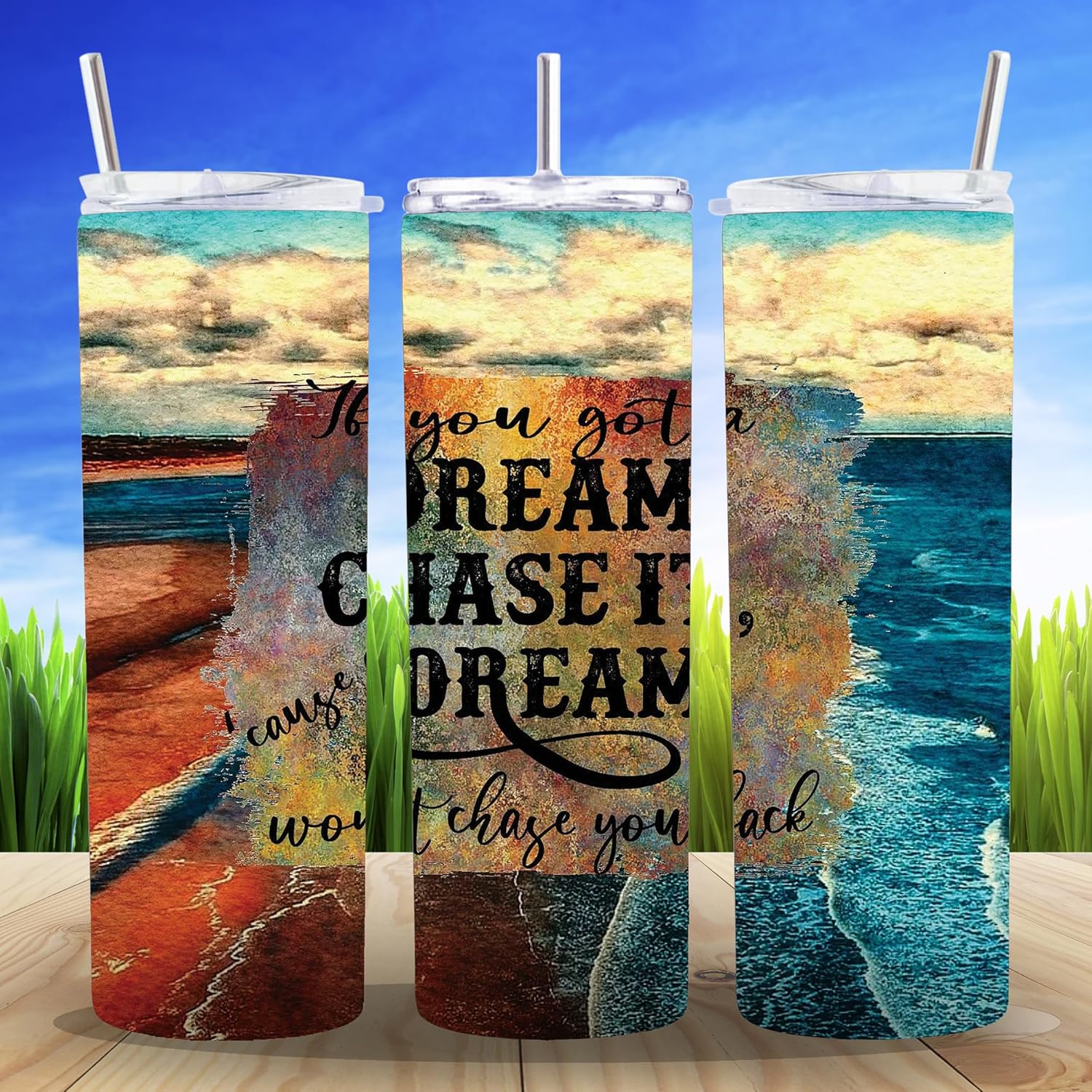 20 oz Insulated Double Wall Stainless Steel Tumbler with Spill Proof Lid and Reusable Straw, Water Bottle Coffee, Chase A Dream Ocean Sunset Holiday Beach Quote Cup Mug Tumbler (Quote01)