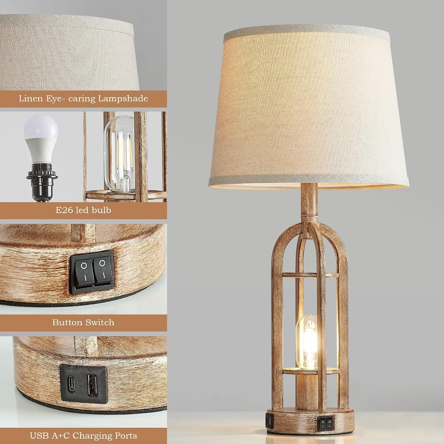  Table Lamps for Living Room End Table Set of 2 - Rustic Farmhouse Bedside Lamps for Bedroom Nightstand with Nightlight and USB A+C, 4 Bulbs Included thumbnail