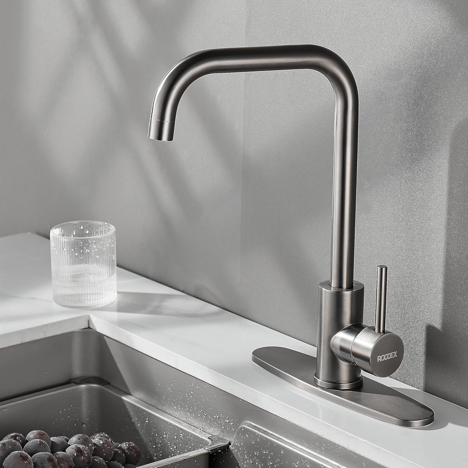 Square Bar Sink Faucet, Single Handle Bathroom Stainless Steel Faucet with 3 Hole Deck Plate, Modern High Arc Faucet for Kitchen Sink rv Camper Laundry Outdoor Farmhouse (Dark Grey, Large)