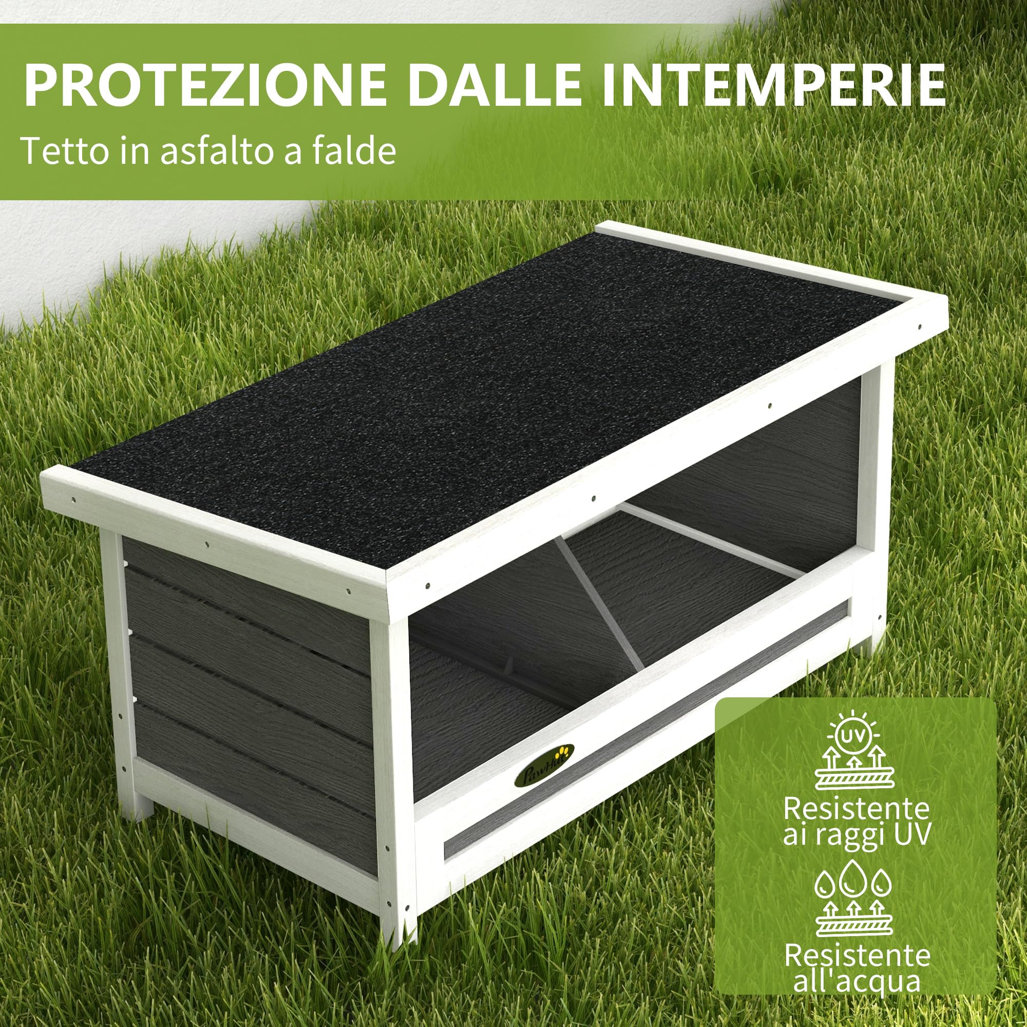PawHut Nido per Galline a 2 Aree con Base Rialzata e Tetto in Bitume, Nido Galline Ovaiole in Legno di Abete, Interno e Esterno, 66x37x34 cm, Grigio Bianco e Nero