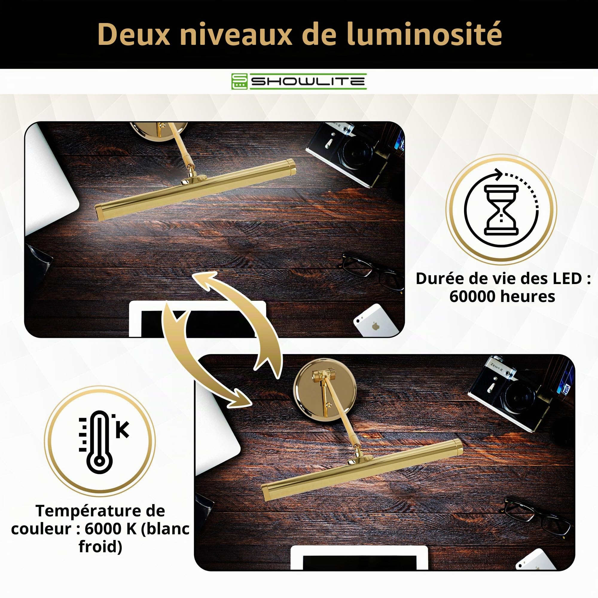 Showlite PL-1-GD-KW Lampe de Piano LED - Lampe de piano avec 15 LEDs - lumière blanc froid en 2 niveaux - hauteur 36 cm - alimentation par USB, secteur ou piles - or brillant