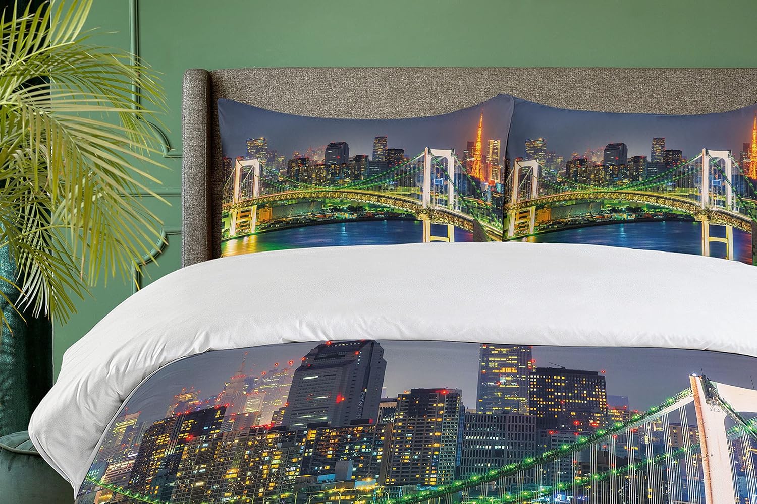 Ambesonne Landscape Duvet Cover Set, Tokyo Skyline with Tokyo Tower and Rainbow Bridge Tokyo Japan Night Scenery View, Decorative 3 Piece Bedding Set with 2 Pillow Shams, Queen Size, Green Navy