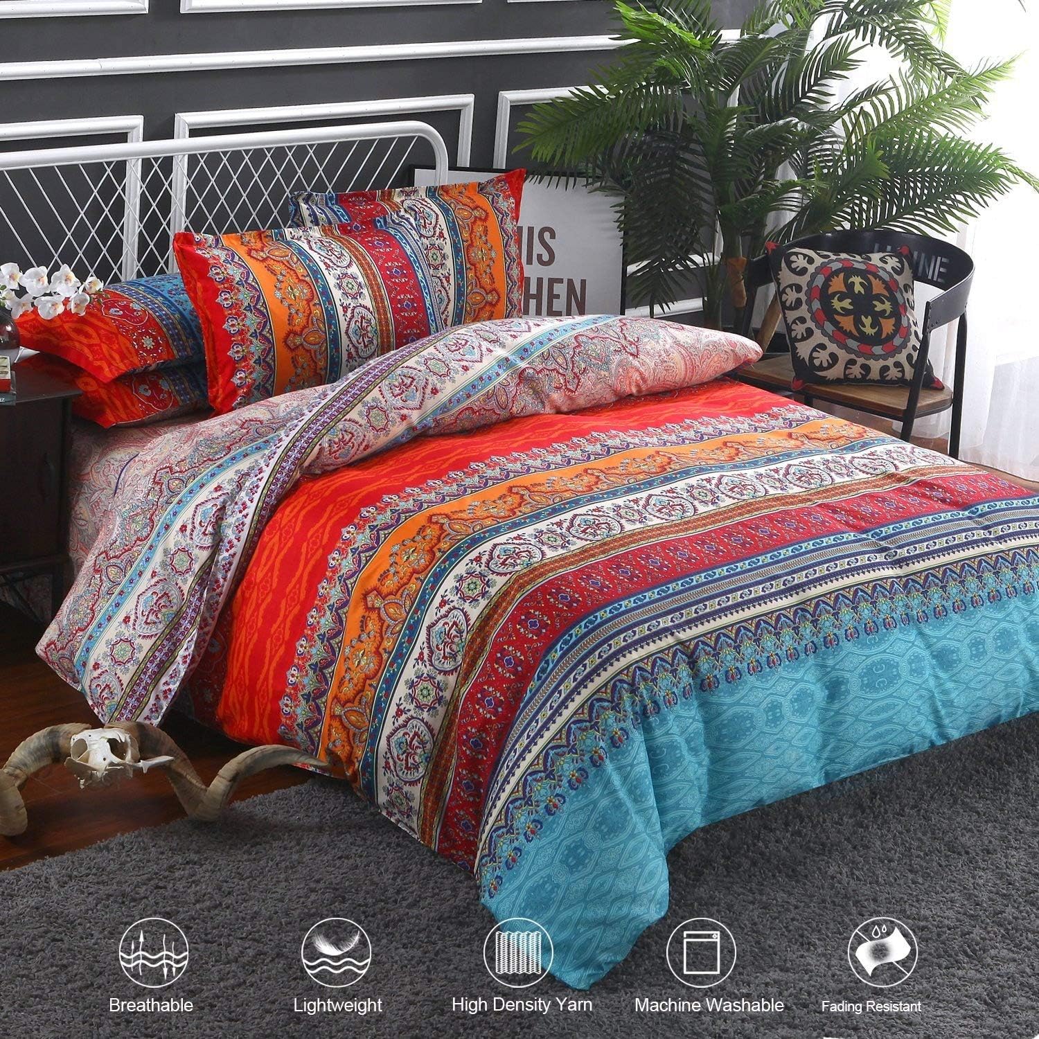 Arachnes Needle Bohemian Duvet Cover Set, Lightweight Microfiber Bedding Set with Pillow Shams-3 Pieces(King Size)