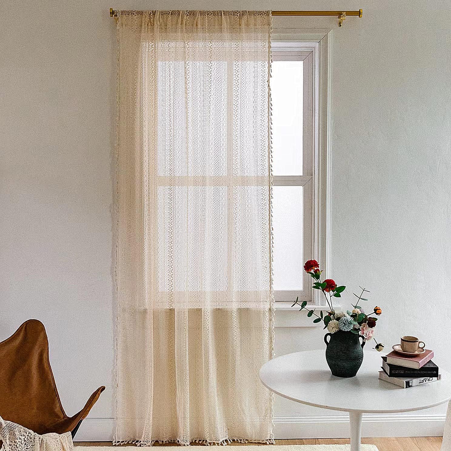 Deeprove Crochet Curtains Boho 63 inches Length for Cafe Kitchen, Knitting Cotton Macrame Lace with Handmade Tassels, Vintage French Country Semi Sheer Hollow Striped, W59 x L63, Beige, 1 Panel