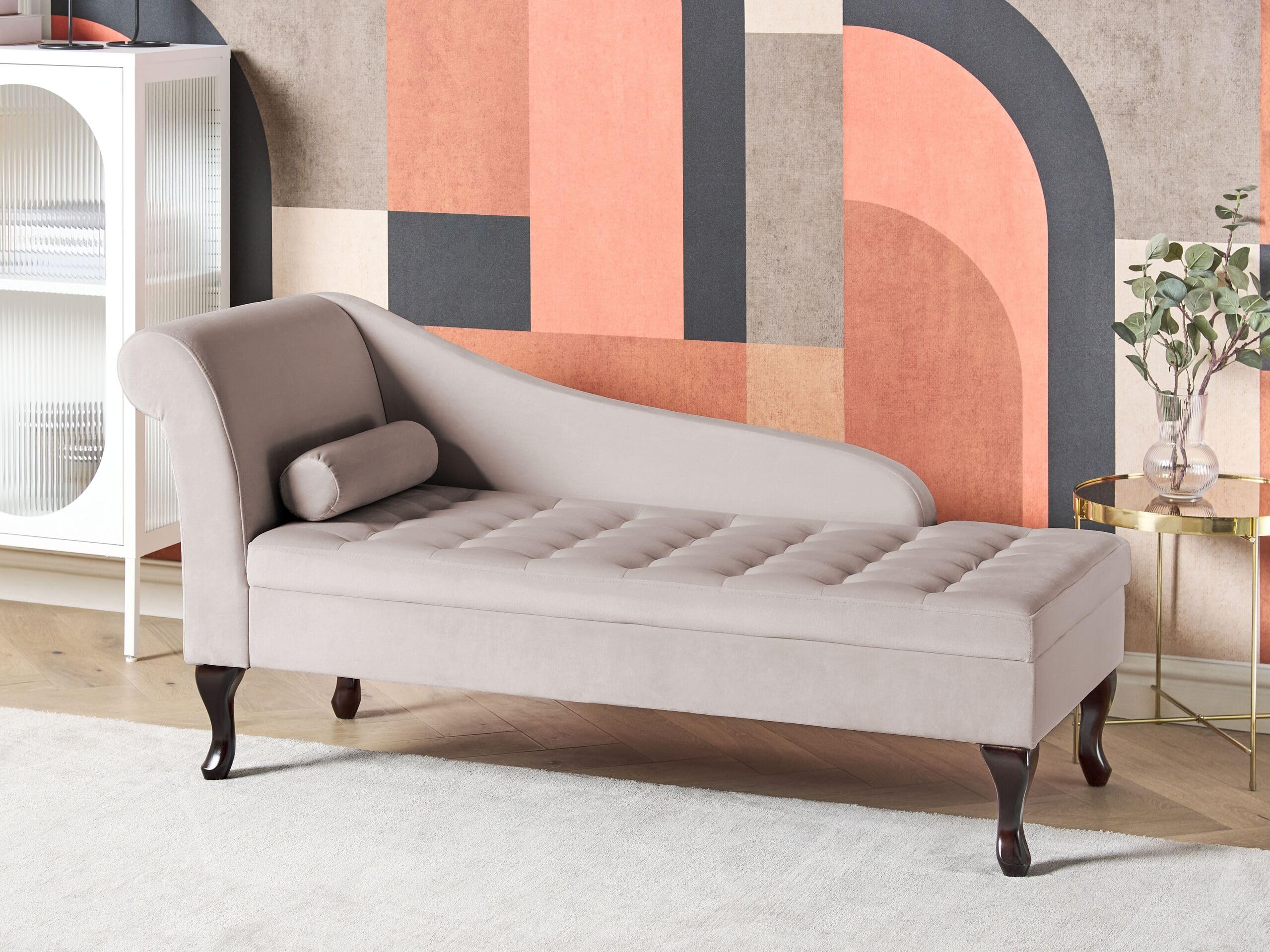 Beliani Chaiselongue linksseitig Samt beige mit Lehne Bettkasten Dekokissen Pessac