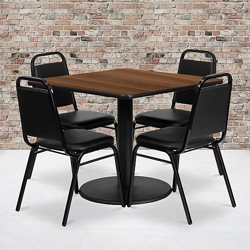 Miniatura 2 de Flash Furniture Jamie - Juego de mesa cuadrada de nogal laminado de 36 pulgadas con base redonda y 4 sillas de banquete trapezoidales negras