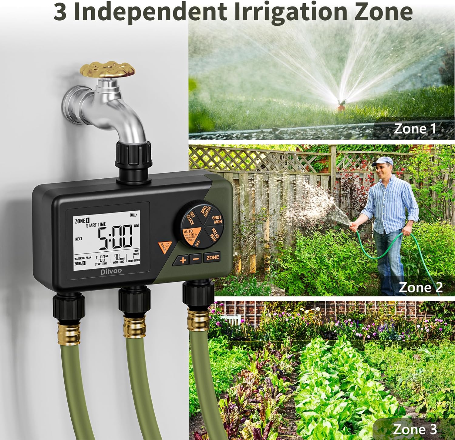 Diivoo Sprinkler Timer connected to a faucet with three hoses, showing three independent irrigation zones for a lawn, garden, and pool.